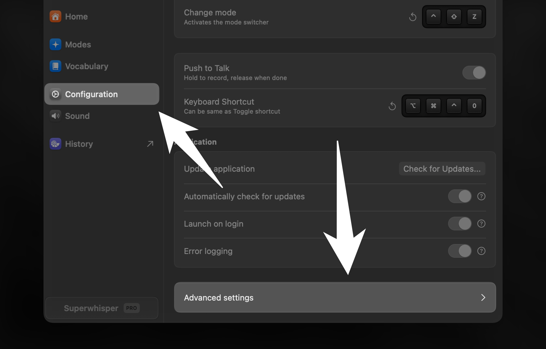 Superwhisper Advanced Settings