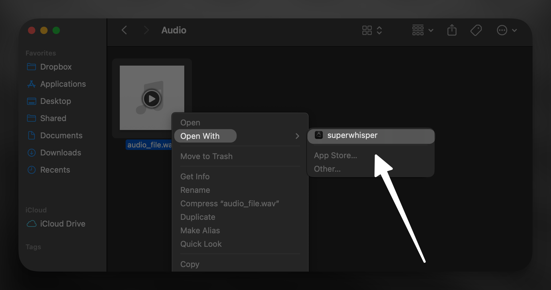 Transcribe Finder Files using Superwhisper