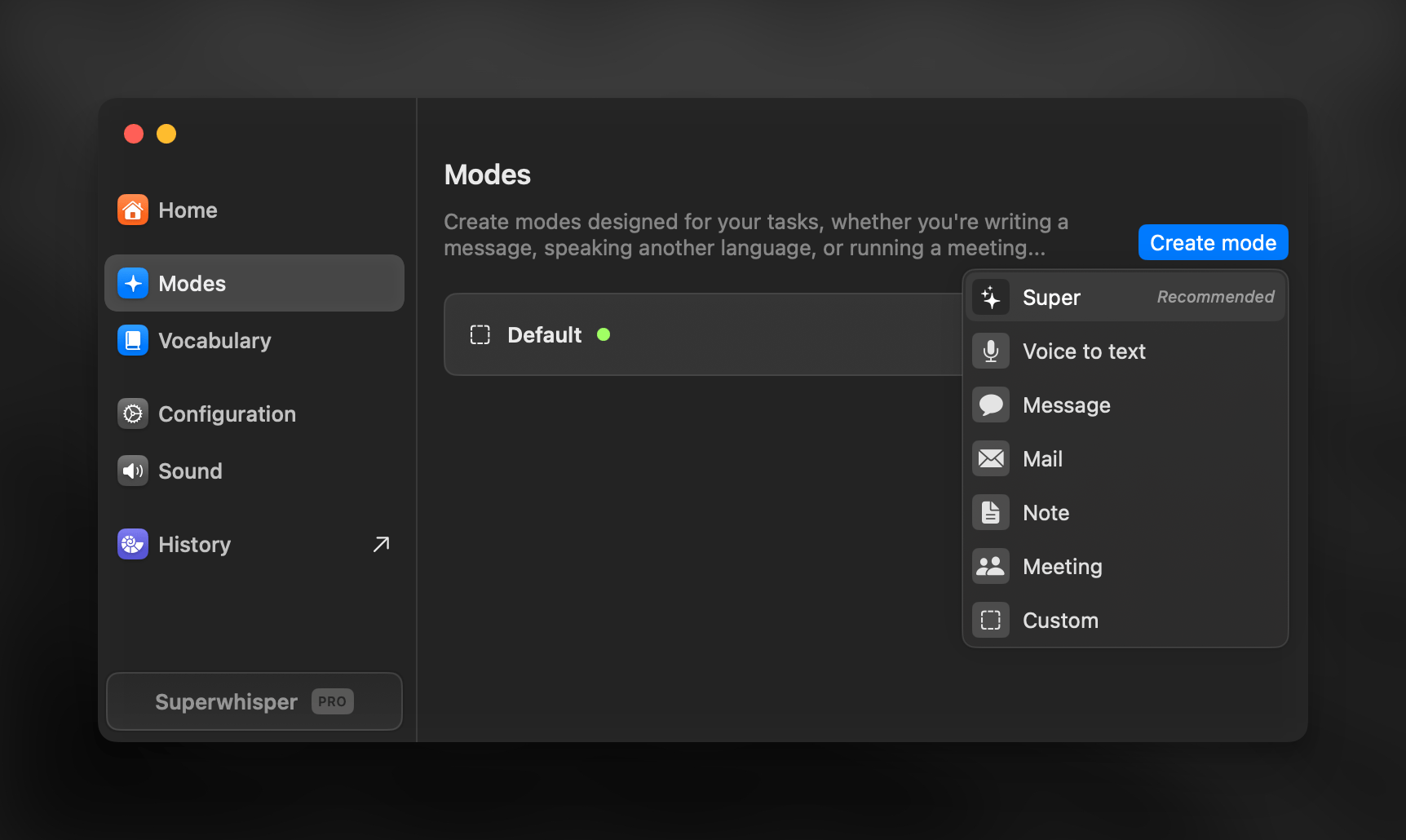 Superwhisper's Interface for Modes