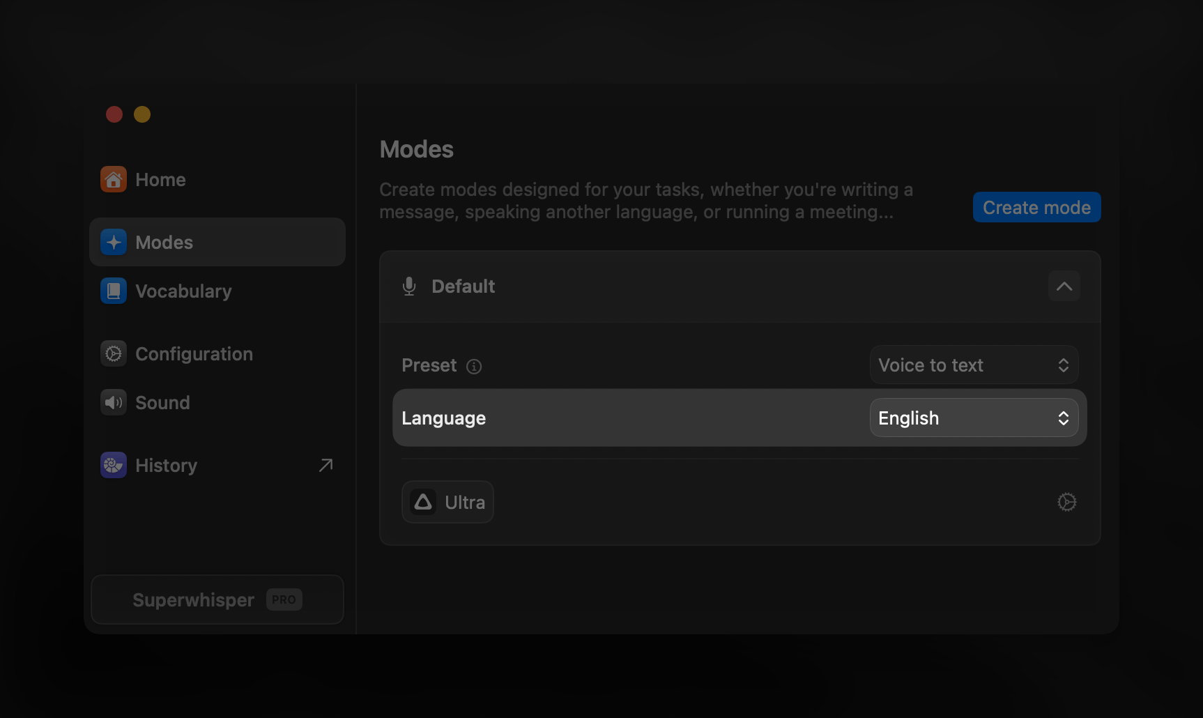 Superwhisper's Interface for Language Selection