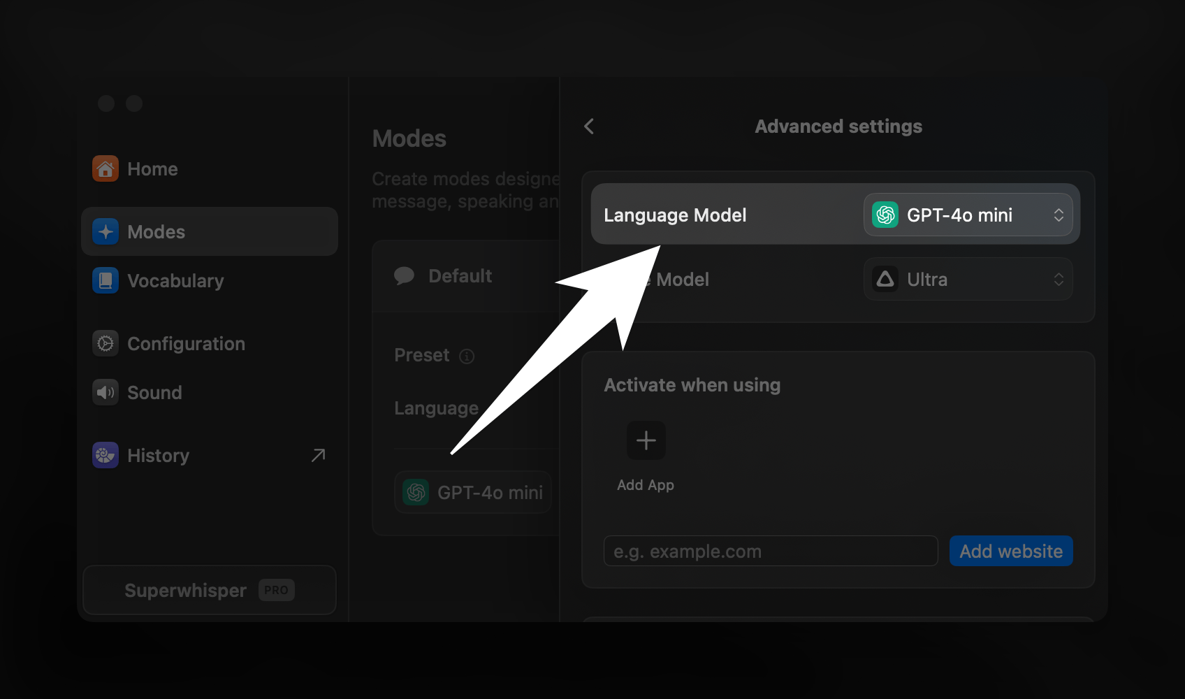 AI Processing settings panel displaying model selection and language processing options