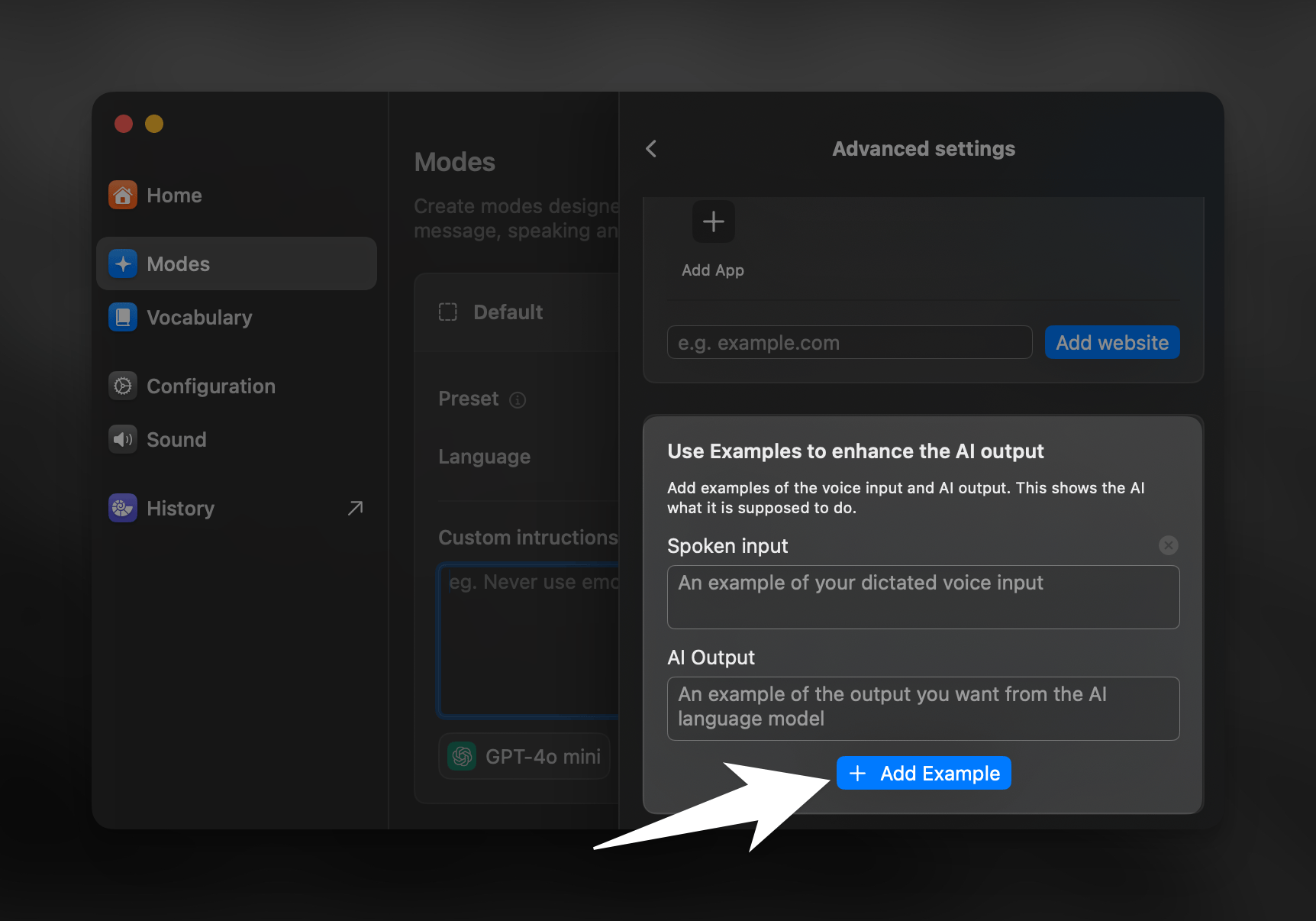 Superwhisper interface for adding prompt examples