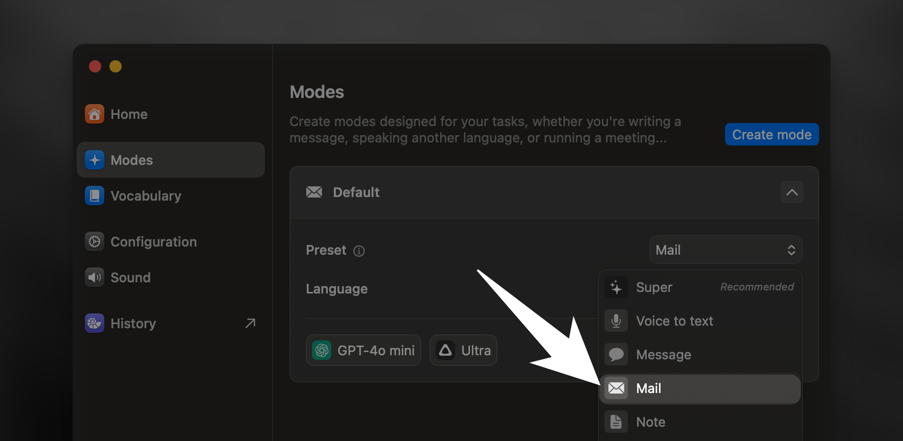 Interface of Superwhisper's Email Mode