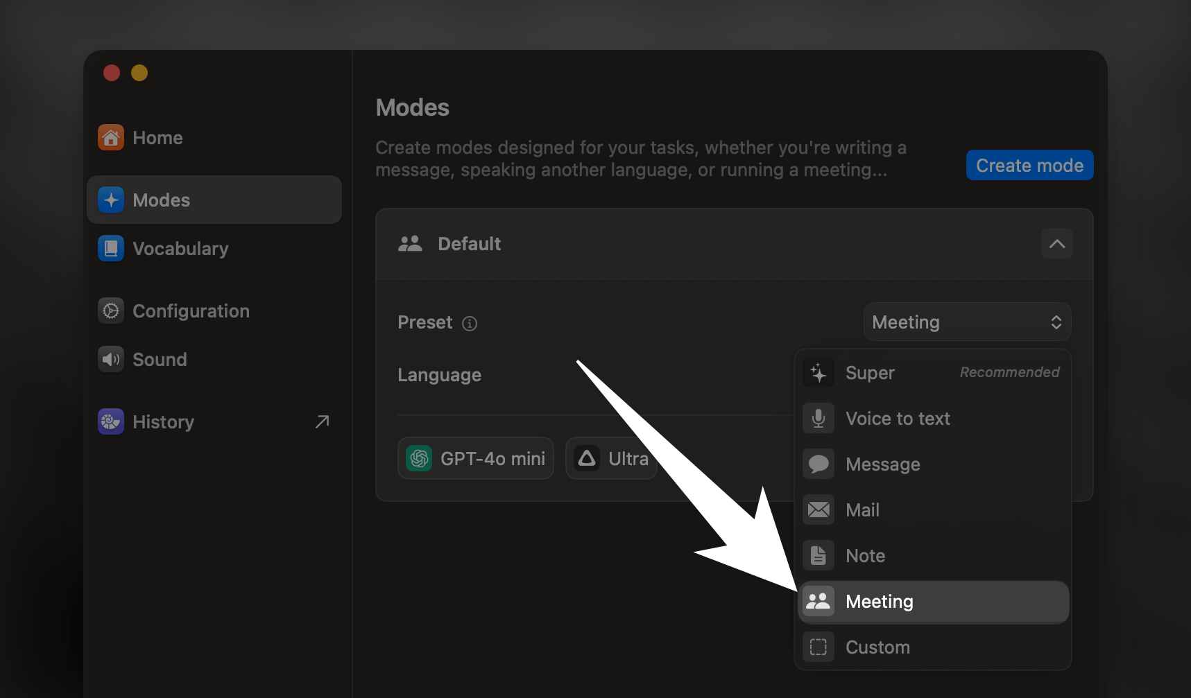 Superwhisper's Interface for Meeting Mode