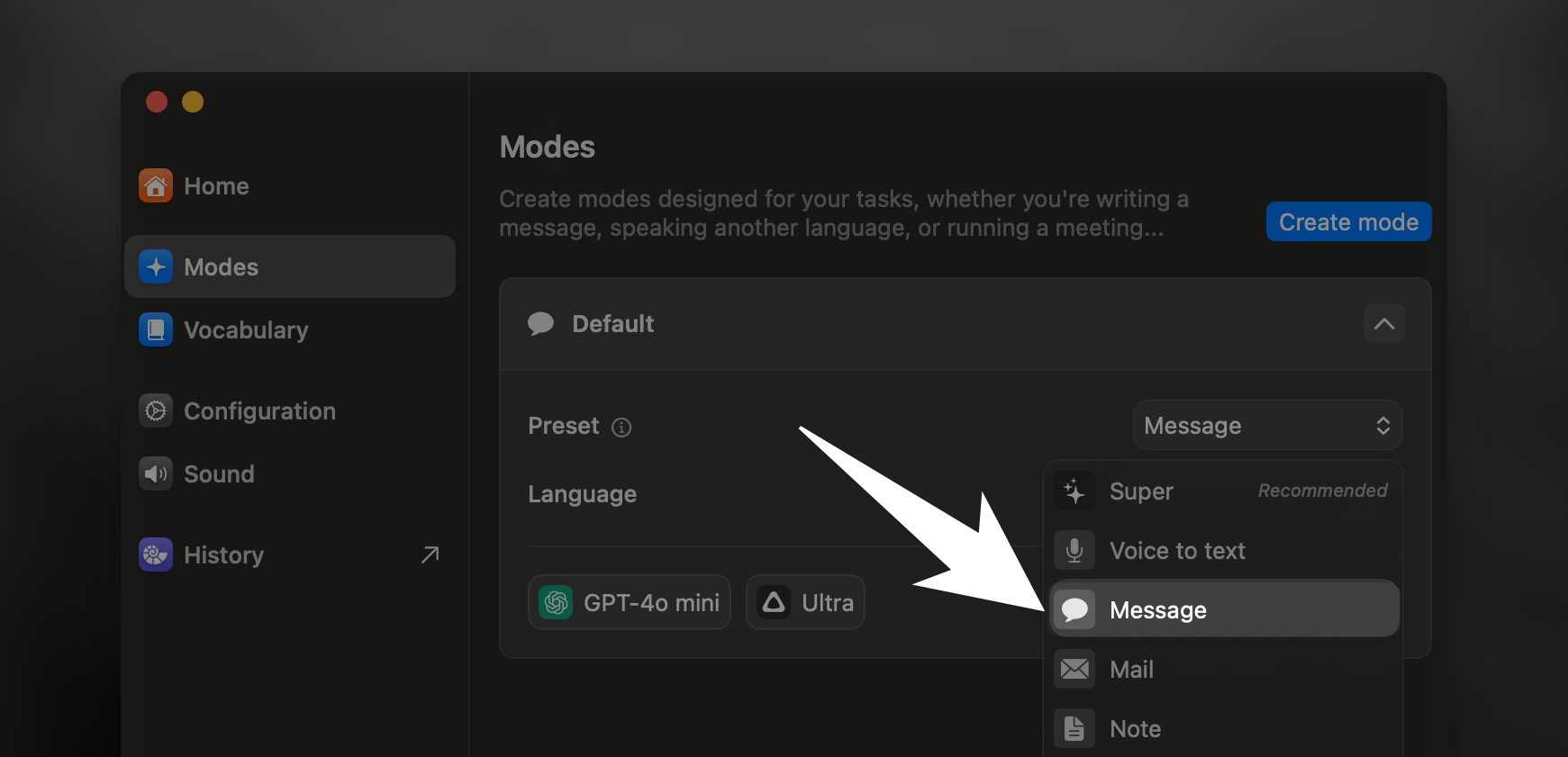 Superwhisper's Interface for Message Mode