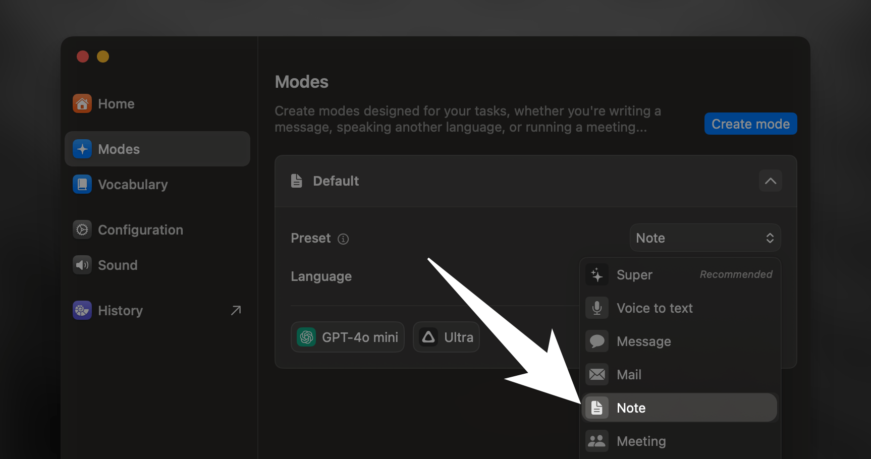 Superwhisper's interface for Note Mode