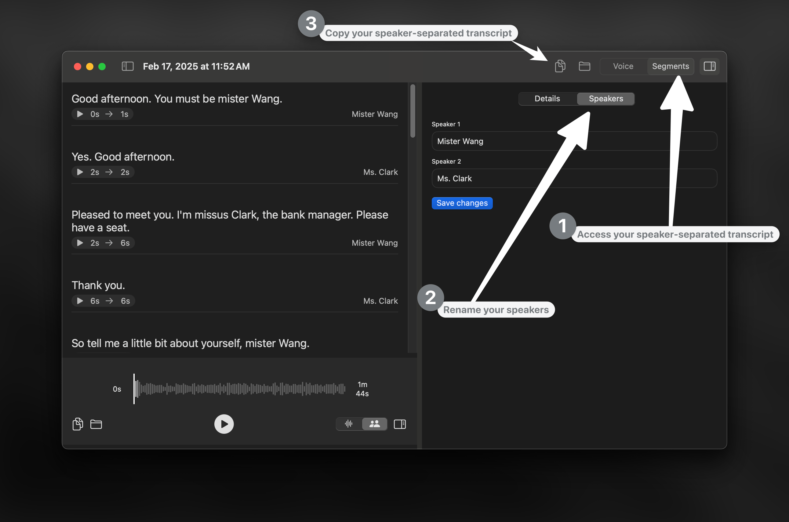 Speaker separation interface showing transcribed meeting with different speakers identified