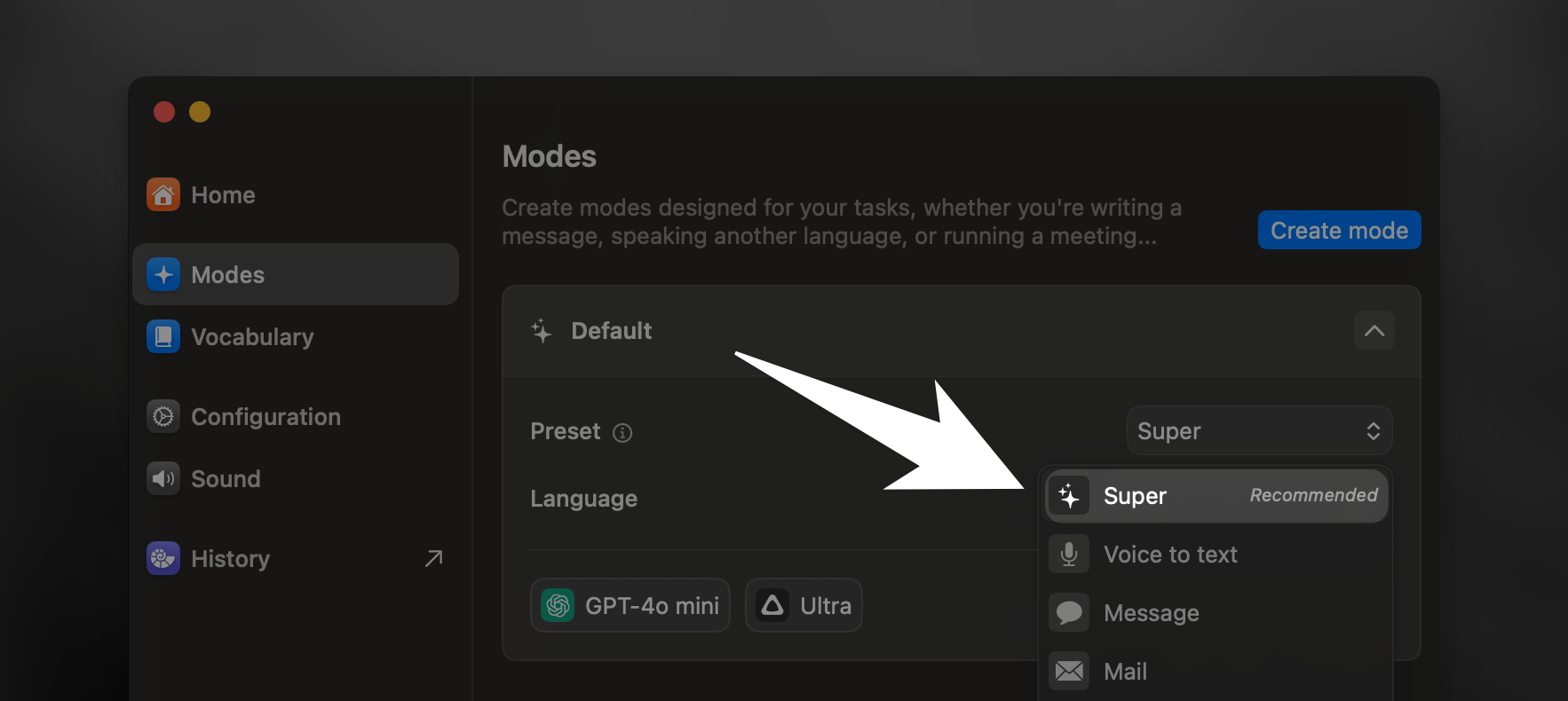 Superwhisper's interface for Super Mode