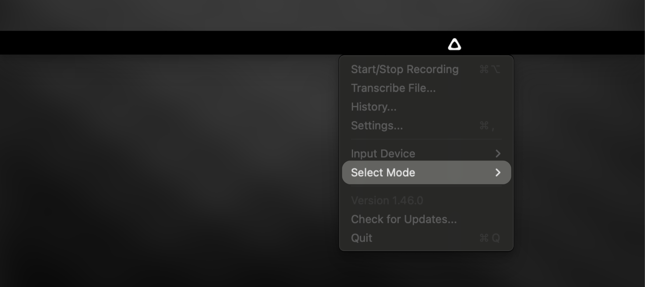 Menu bar dropdown showing mode selection options