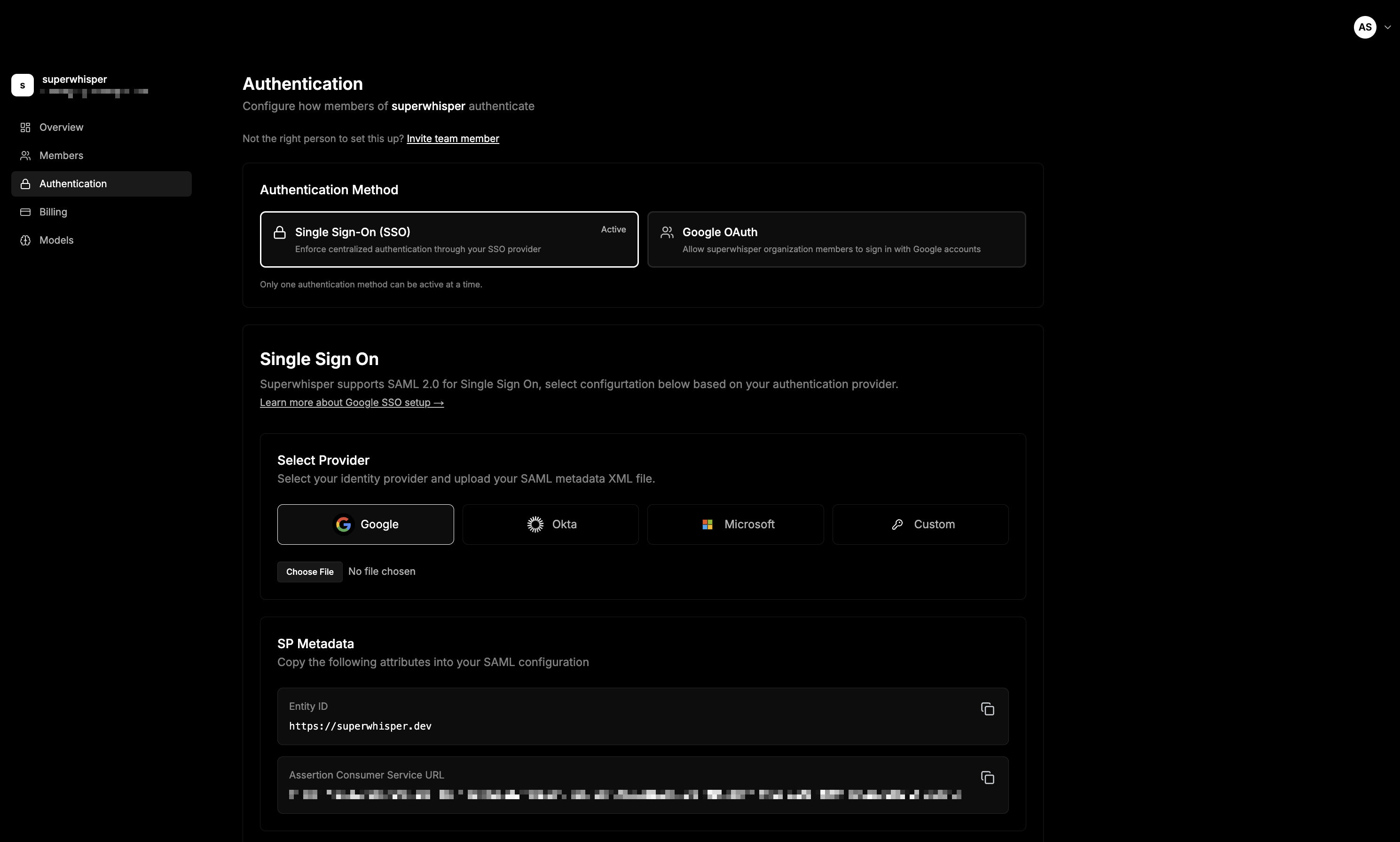 SAML Configuration Interface