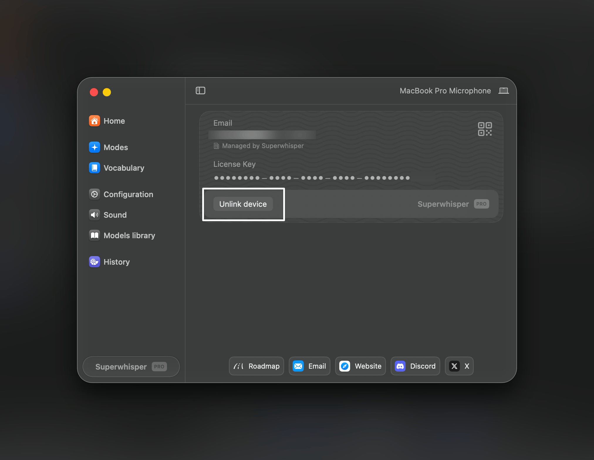 Unlink device button in the Superwhisper Pro settings