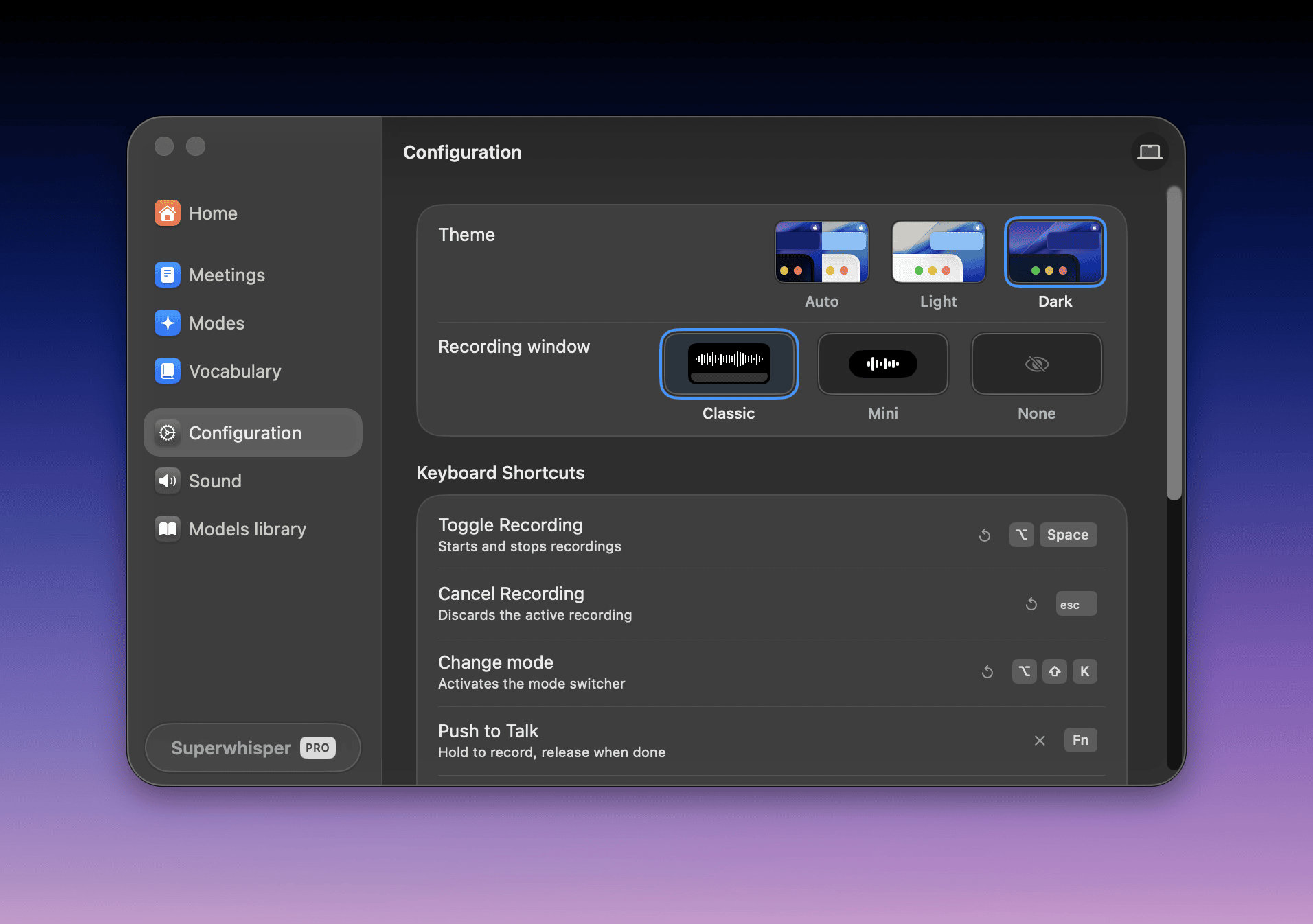 Superwhisper Configuration pane showing keyboard shortcut settings