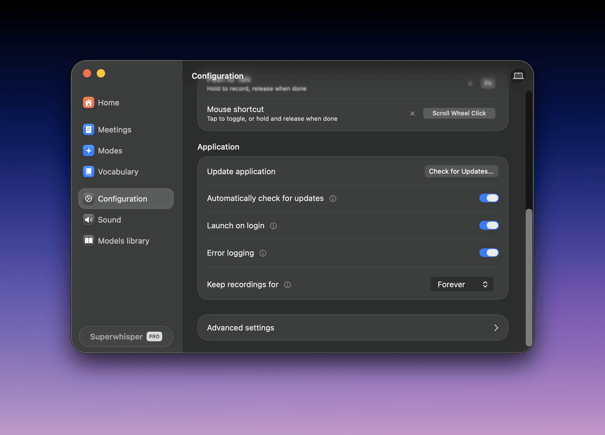 Superwhisper Application settings showing updates, launch on login, and error logging