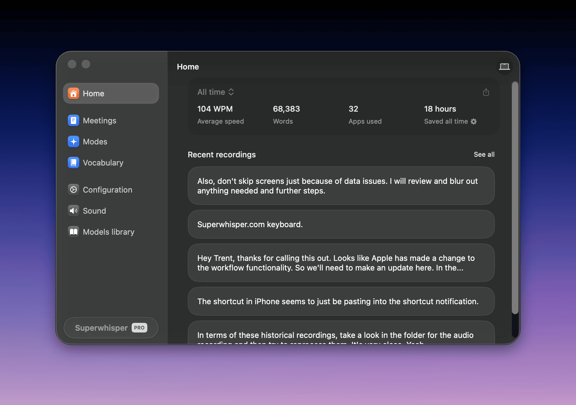 The Home page with the stats card, Recent recordings, and the See all button