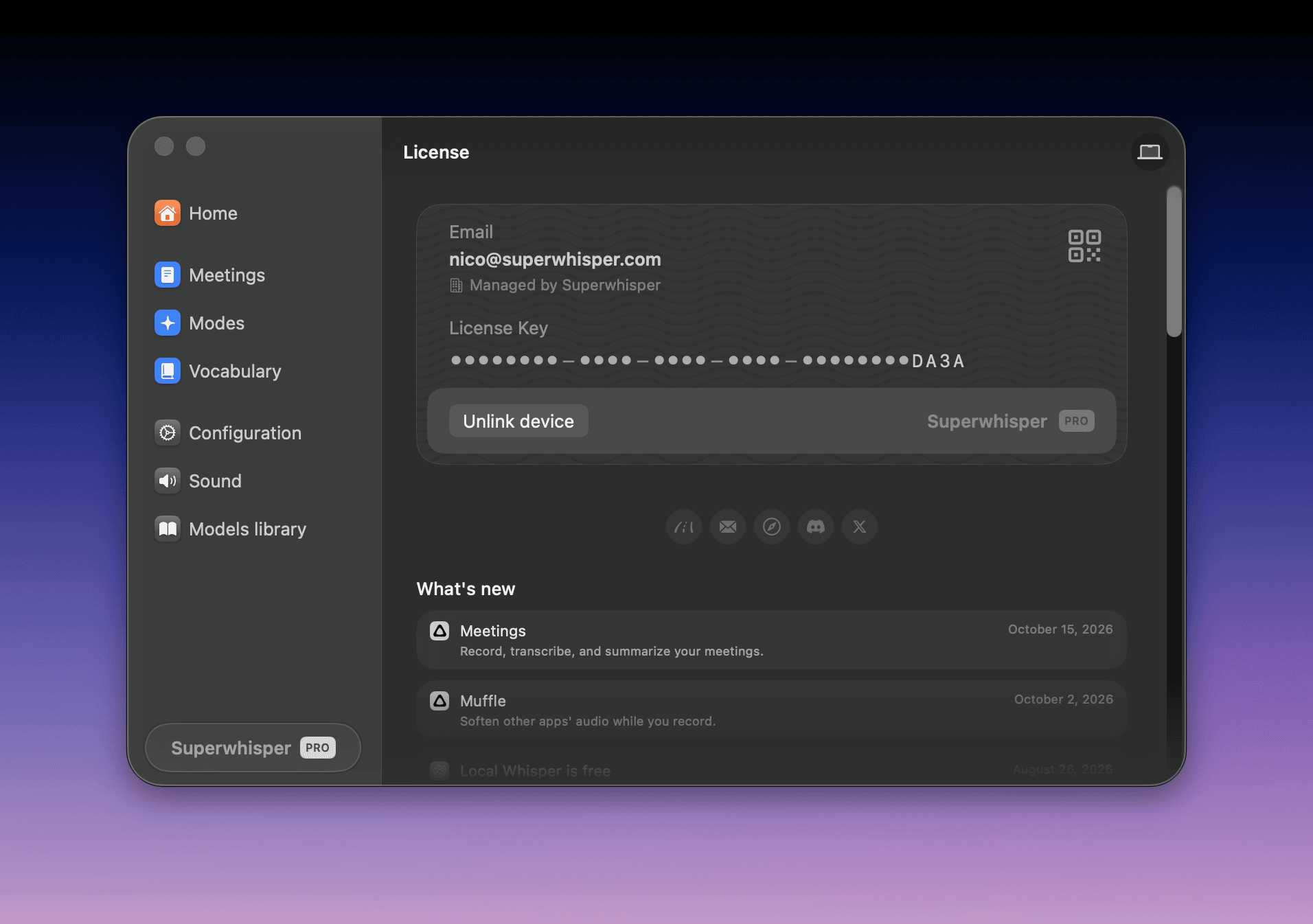 Superwhisper license panel showing an activated Pro license