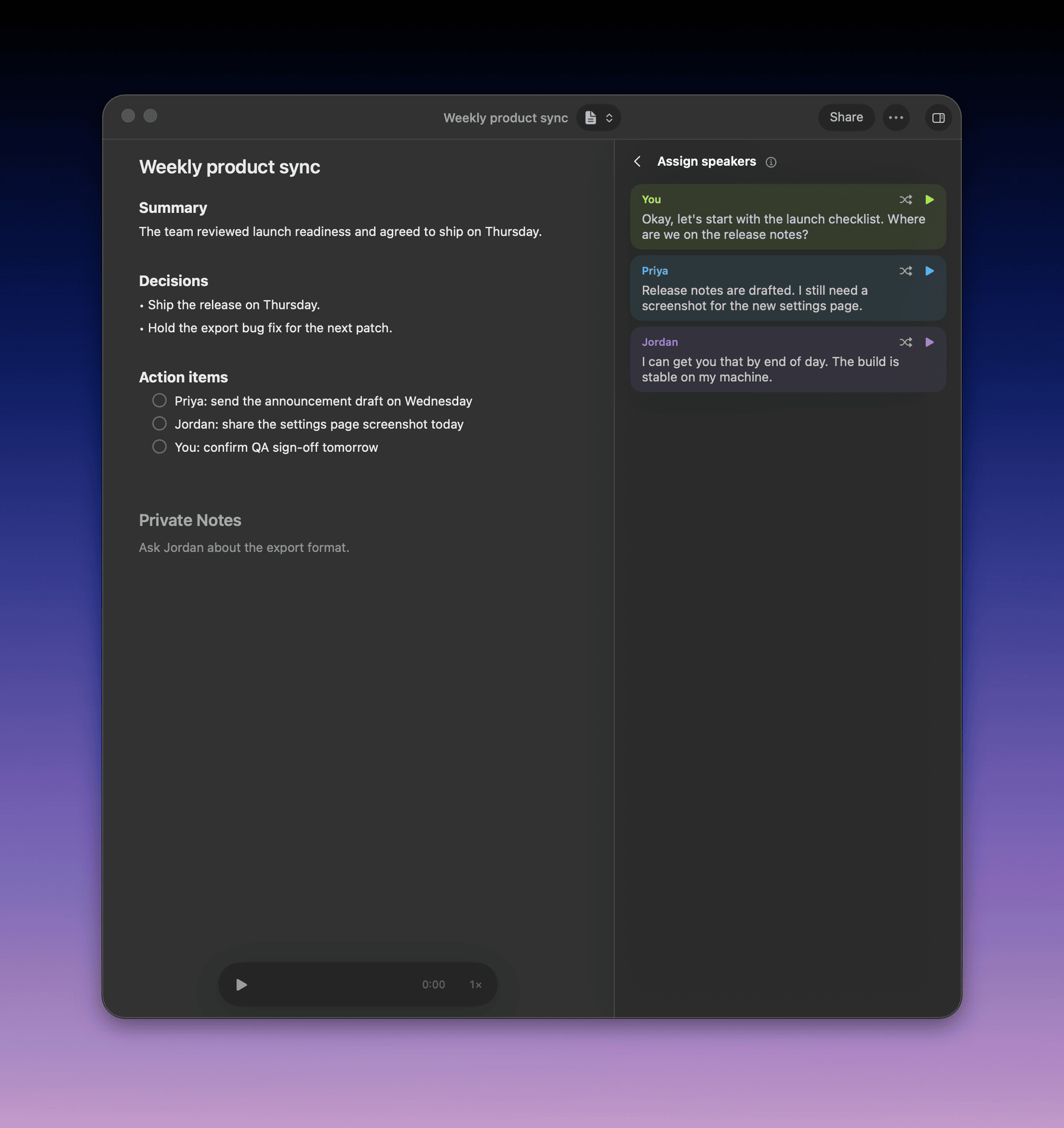 The Assign speakers panel listing each speaker with a sample to play
