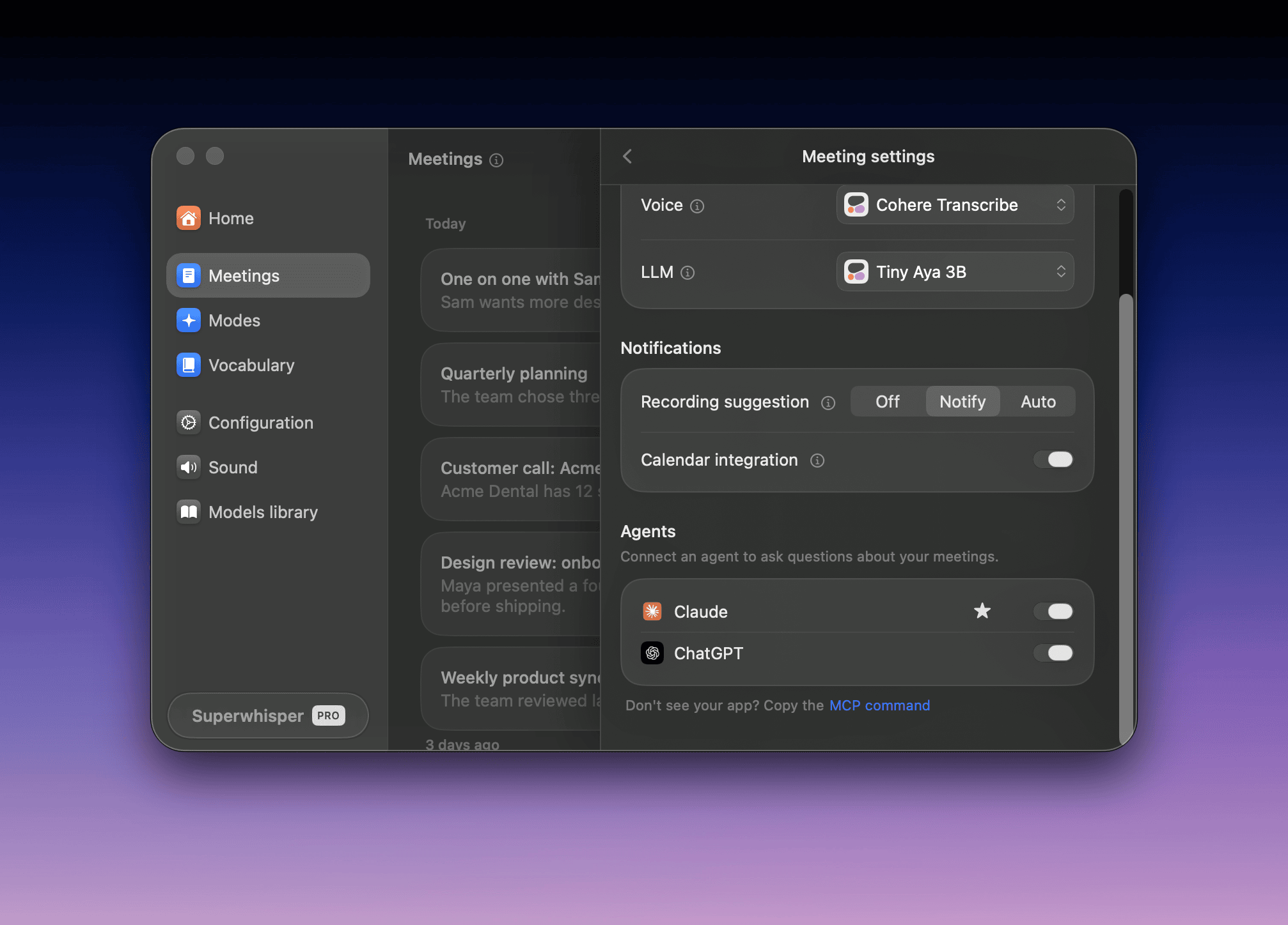 The Agents group in Meeting settings with Claude and ChatGPT connected