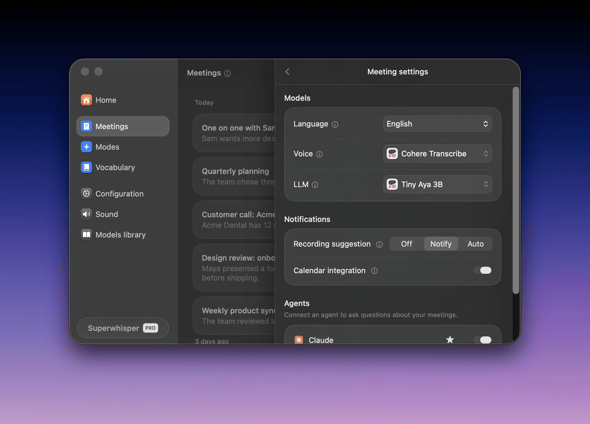 Meeting settings with Cohere Transcribe and Tiny Aya 3B selected, and the Notifications group