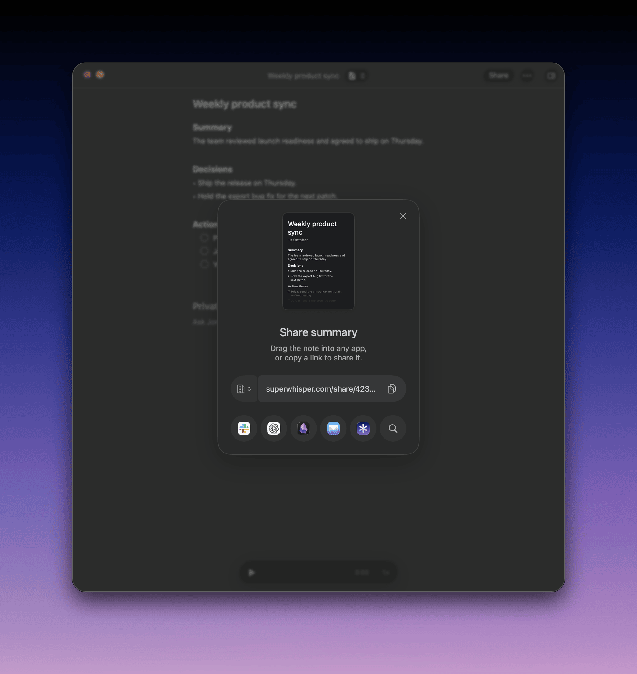 The Share summary sheet with the draggable note, app buttons, and the share link row