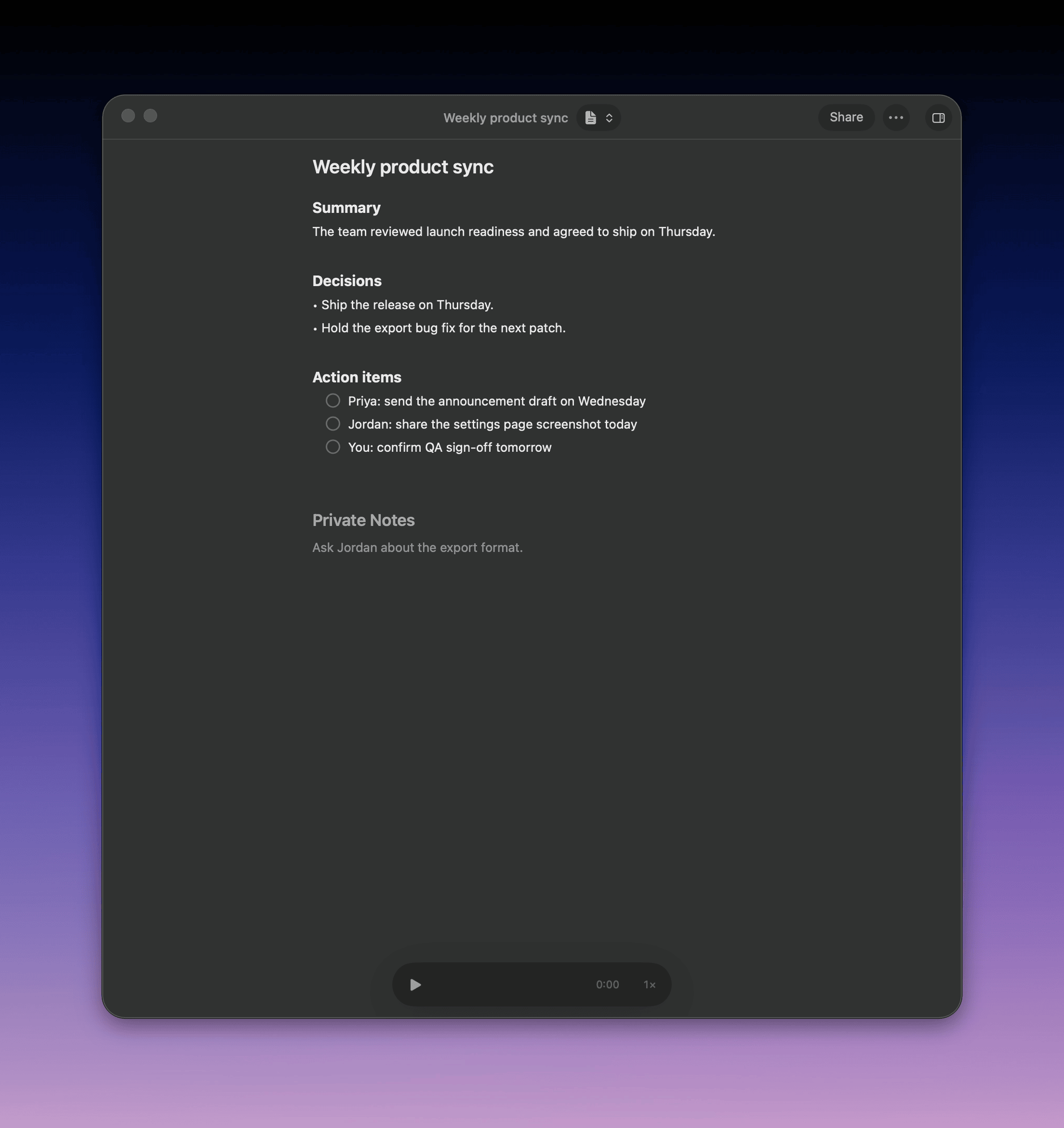 A finished meeting summary with Decisions and Action items checkboxes
