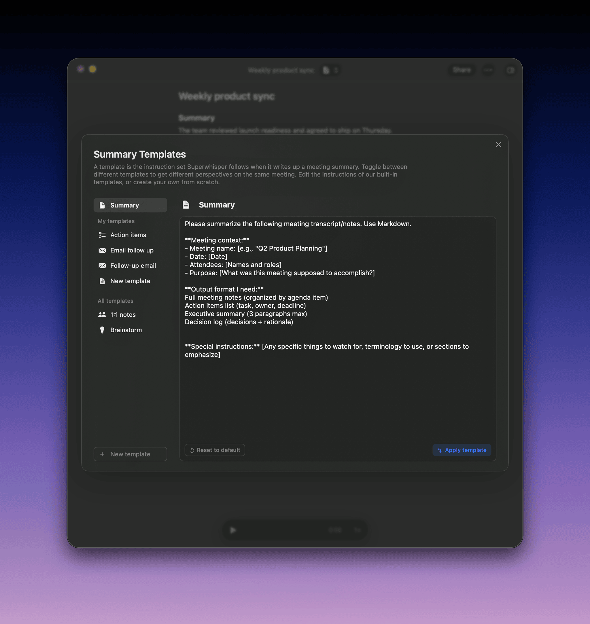 The Summary Templates window listing the built-in and starter templates