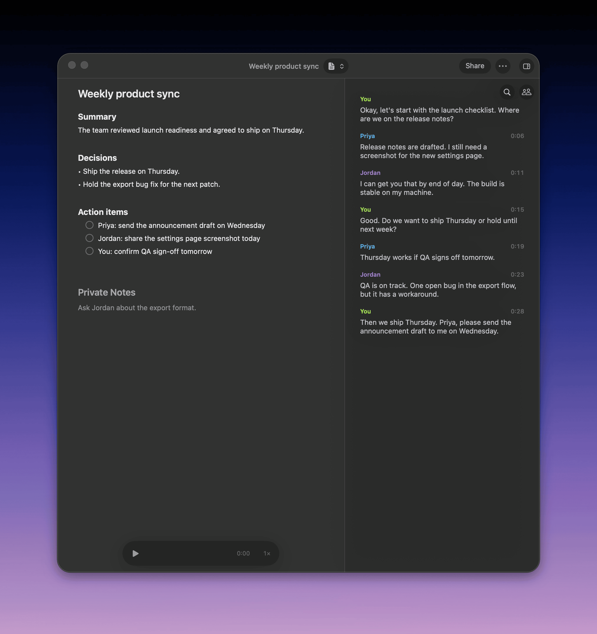 A meeting window while recording, with the live transcript panel open and private notes