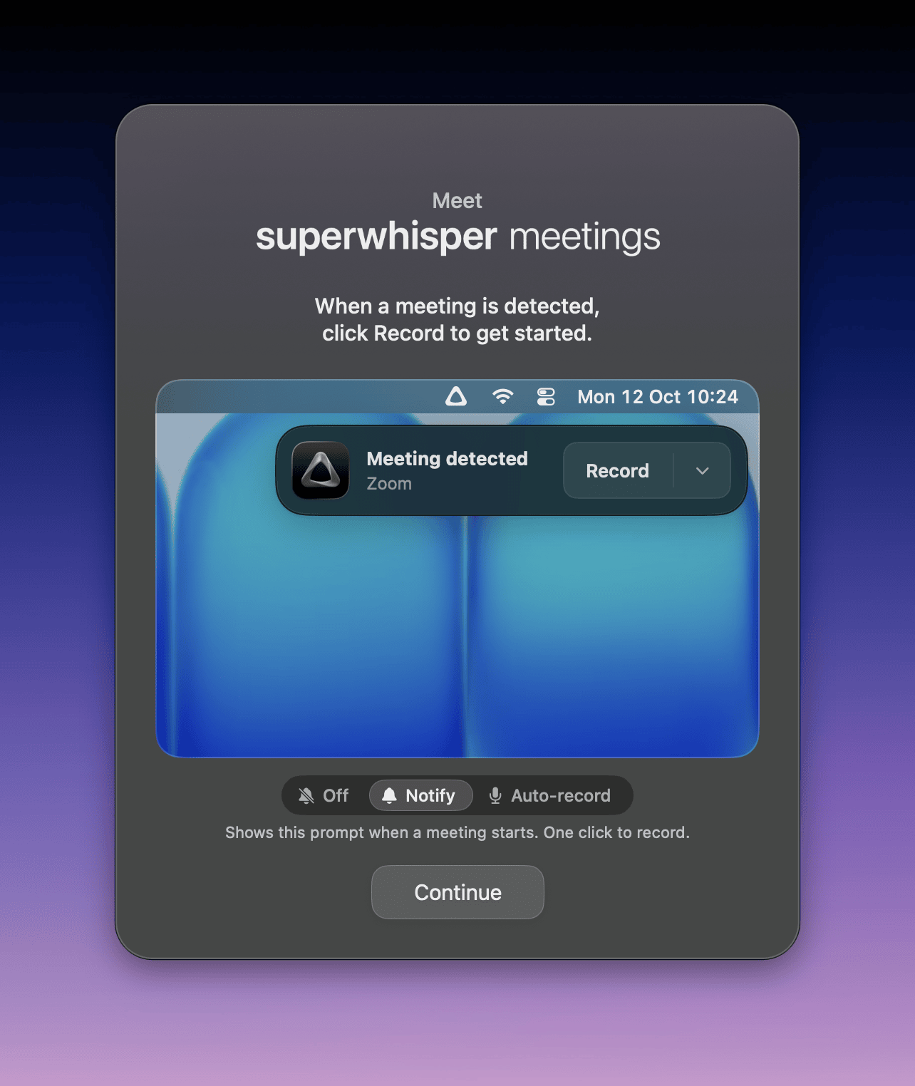 The Meetings tour step that asks how Superwhisper should offer to record: Off, Notify, or Auto-record