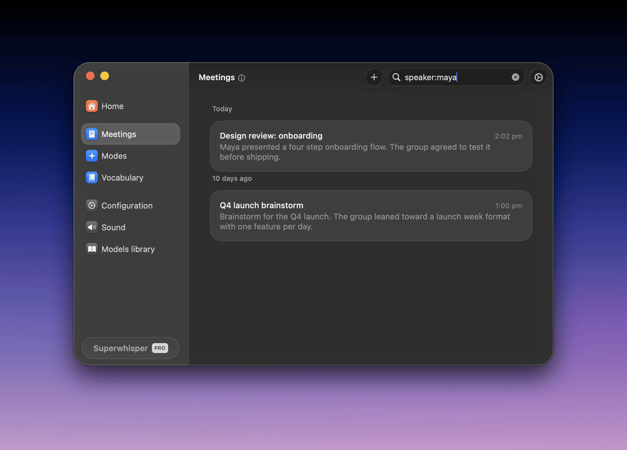 Search meetings with a speaker filter applied