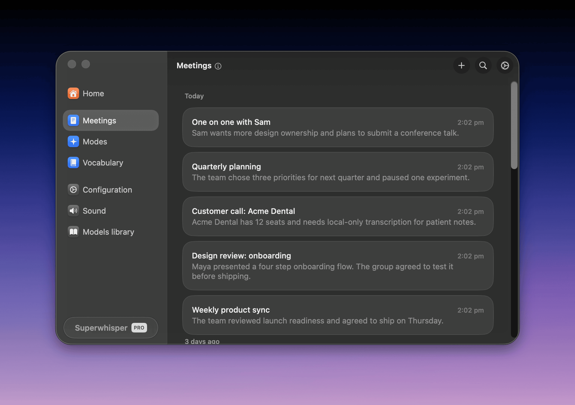 The Meetings tab with a Happening now card and past meetings grouped by day