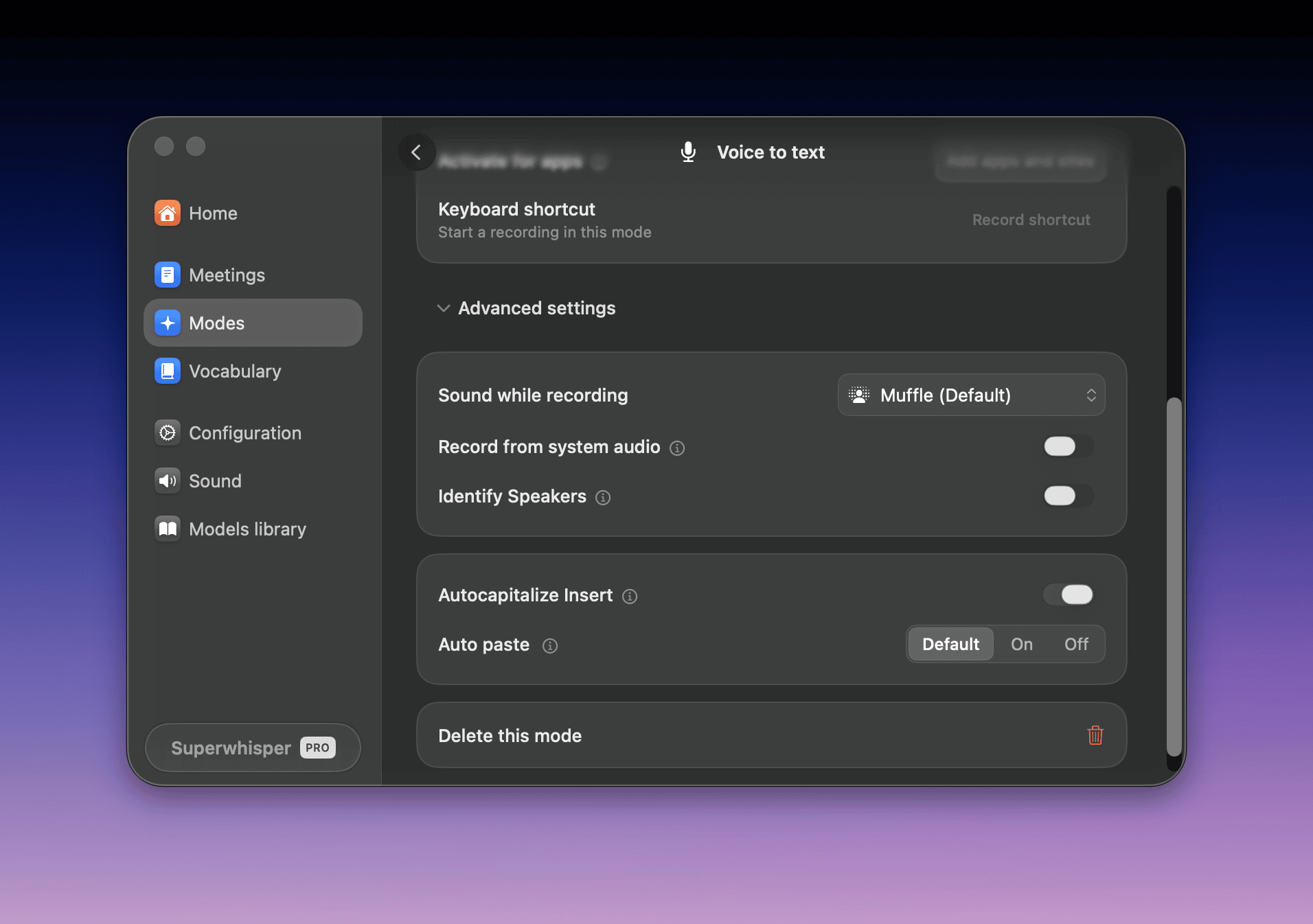 The mode editor's Advanced settings open, with Sound while recording, Record from system audio, and Identify Speakers