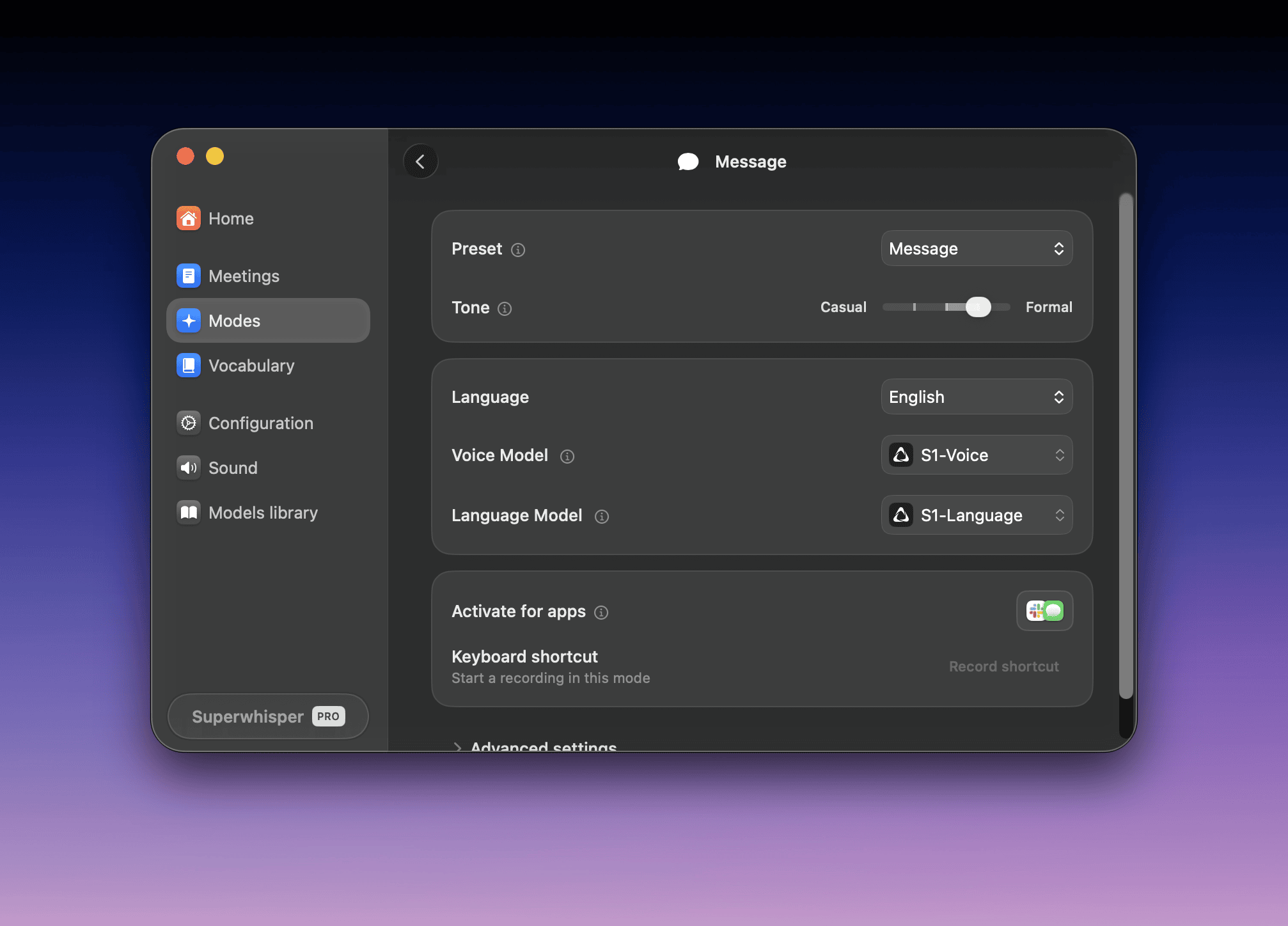 Superwhisper Message mode using the S1-Voice and S1-Language cloud models