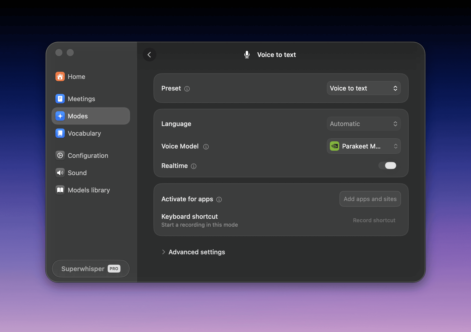 Superwhisper's interface for the Voice to Text mode