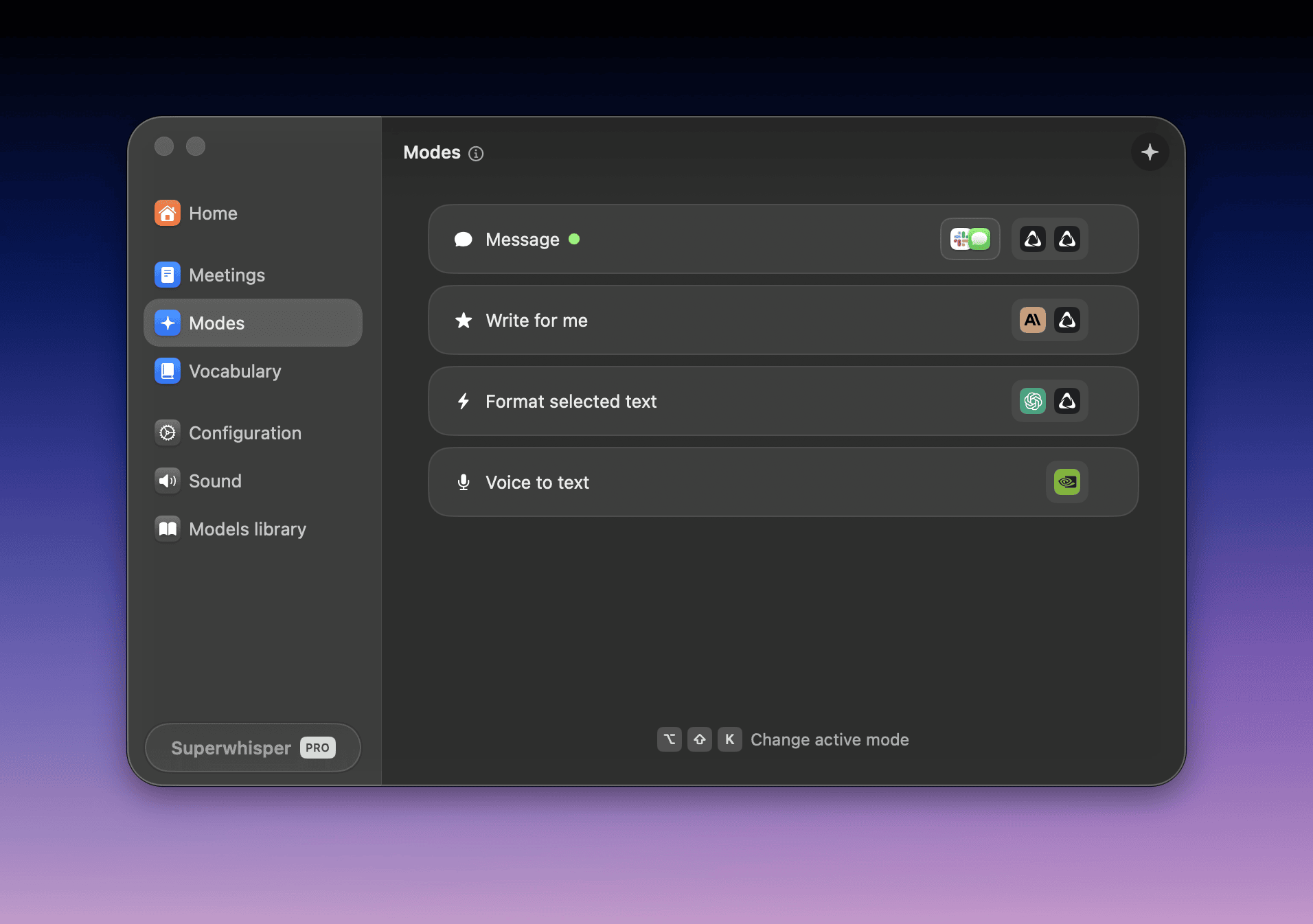 Superwhisper's Interface for Modes