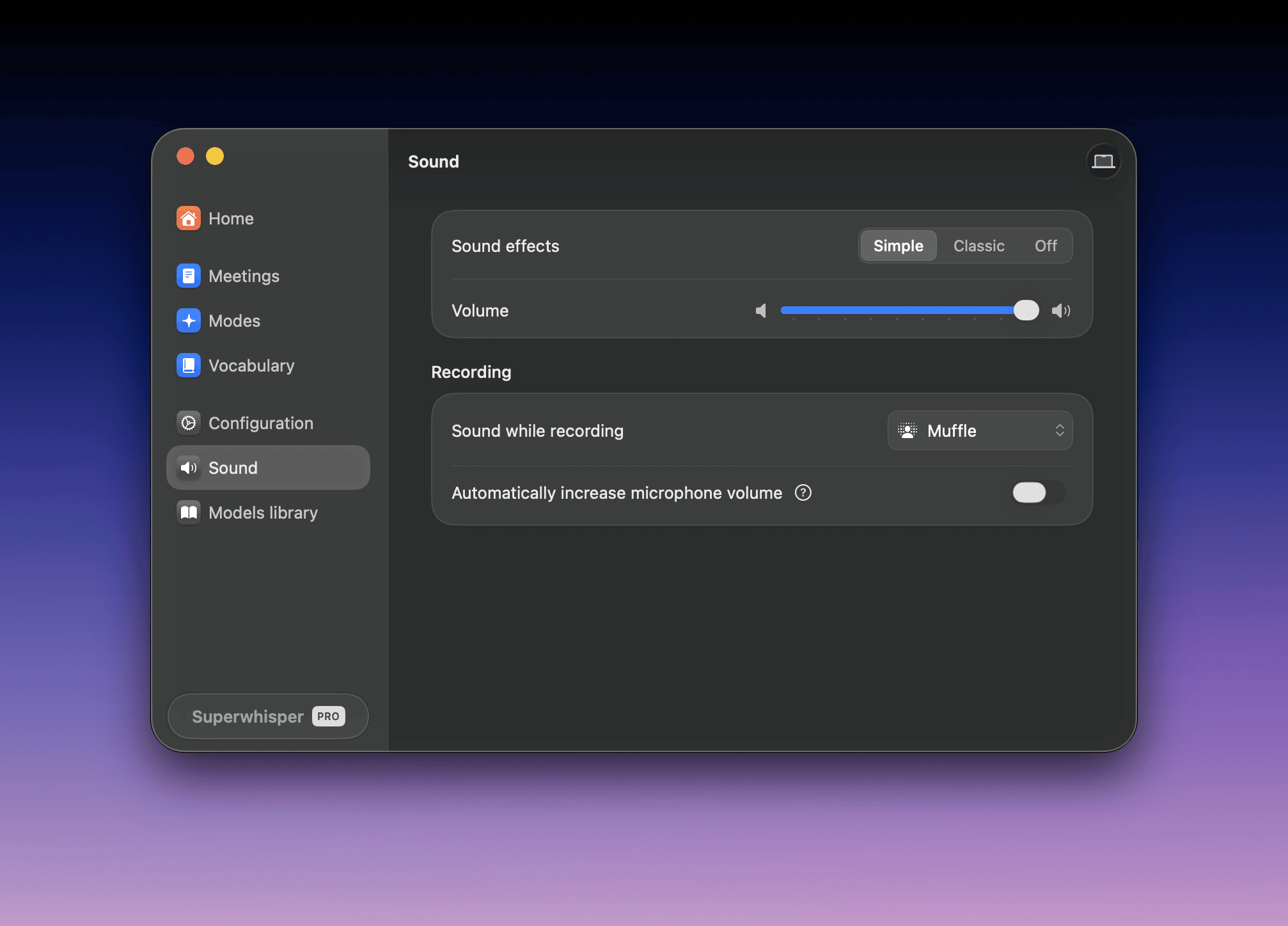 Sound settings with Muffle selected and the FineTune setup box