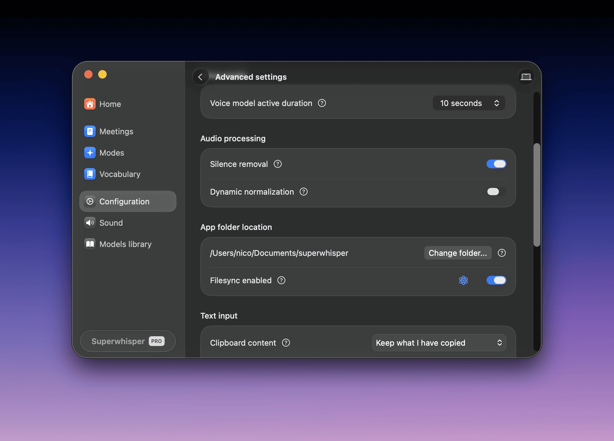 Advanced settings Audio processing card with Silence removal and Dynamic normalization