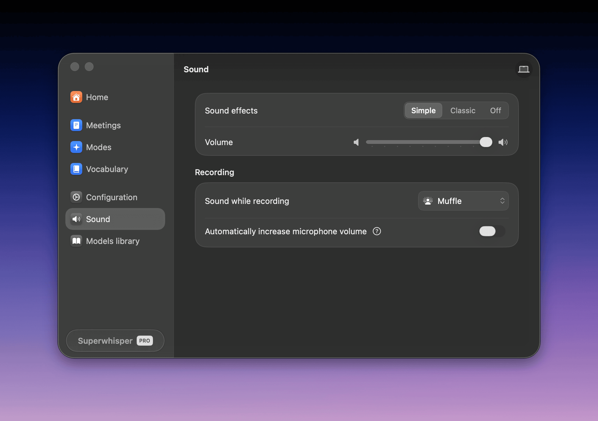 Superwhisper Sound settings showing sound effects and recording options