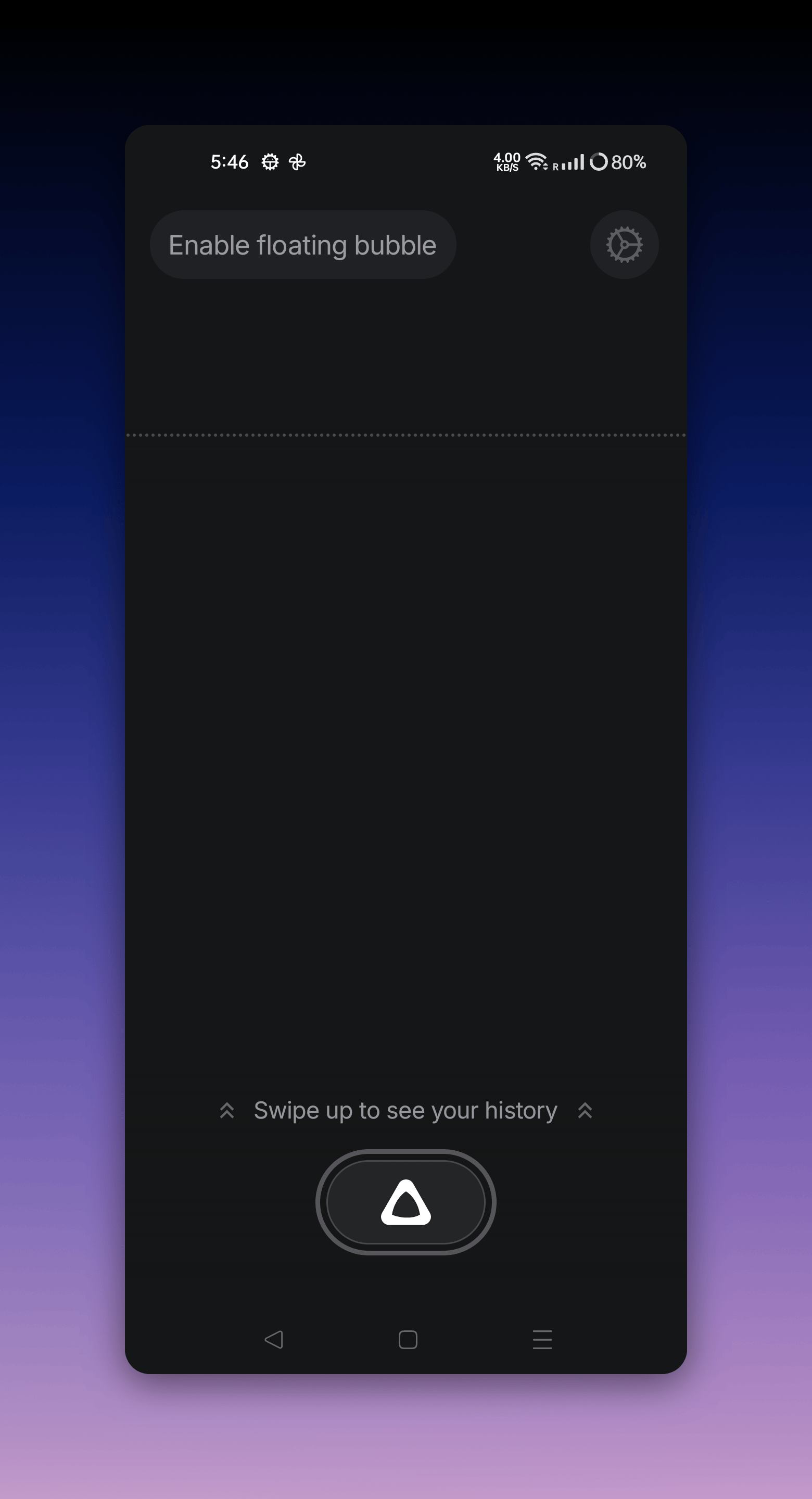 Superwhisper Android home screen with the Enable floating bubble button and record button