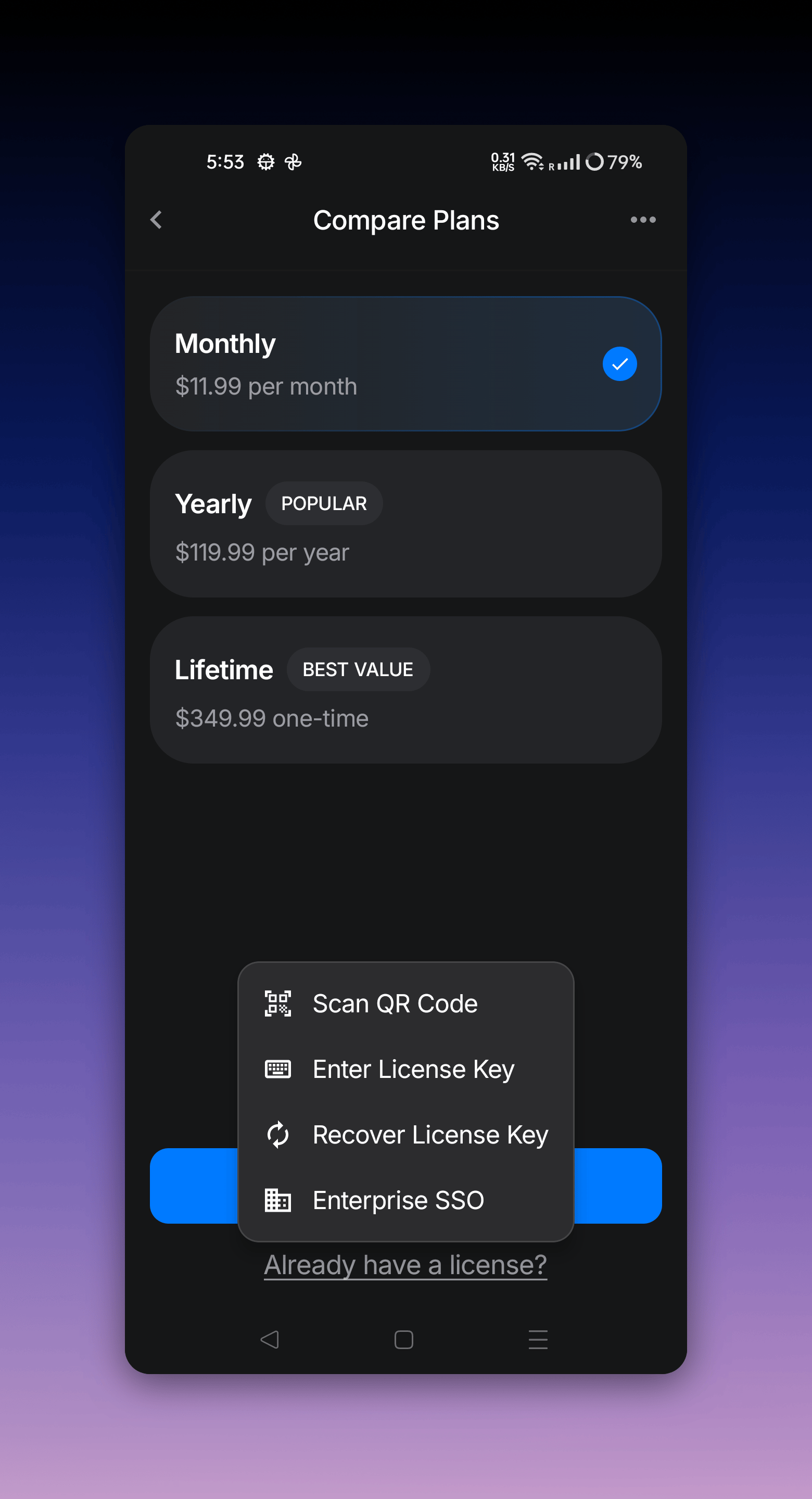 Superwhisper Android license menu with Scan QR Code, Enter License Key, Recover License Key, and Enterprise SSO options