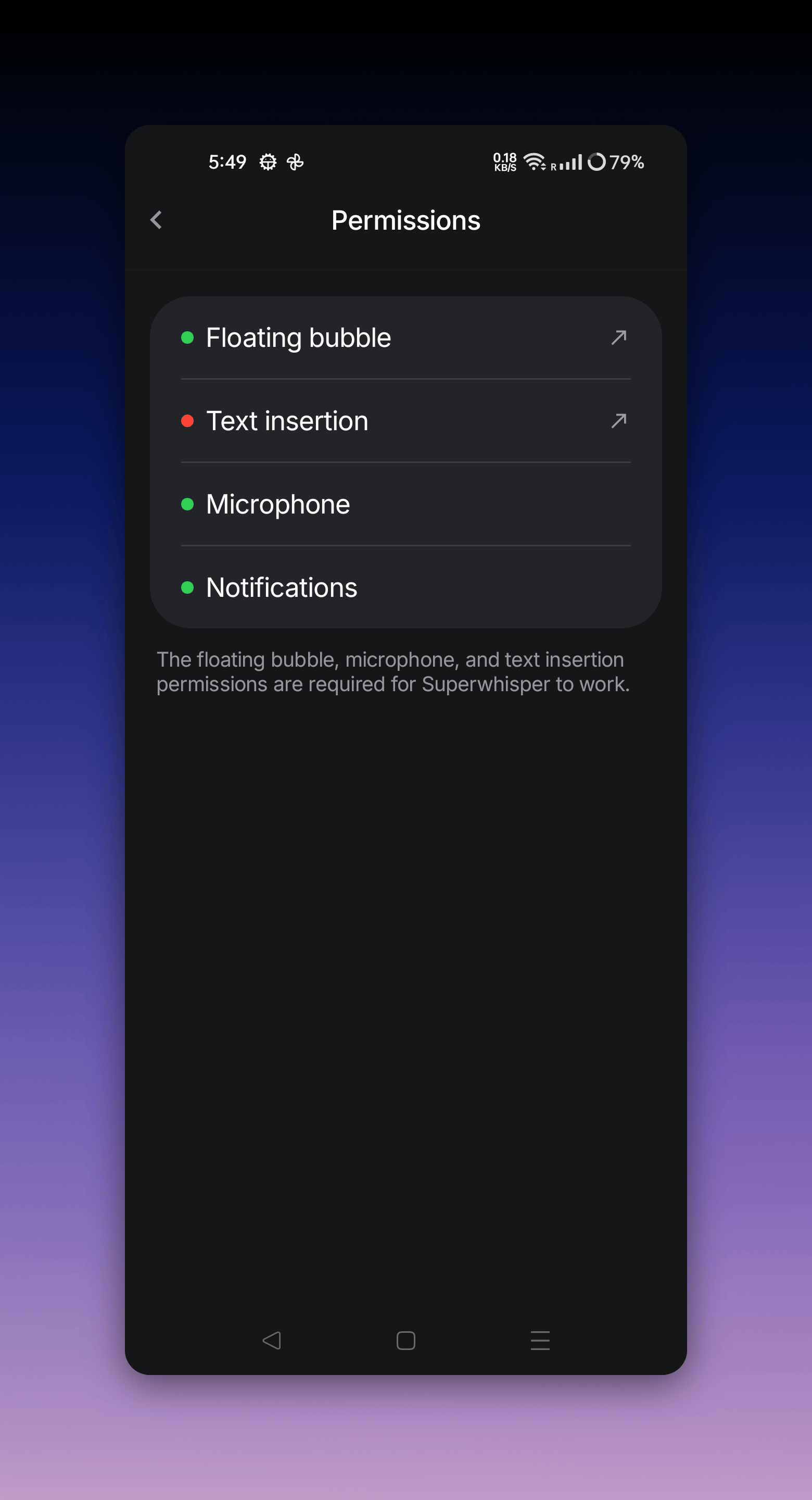 Superwhisper Android permissions screen listing floating bubble, text insertion, microphone, and notifications