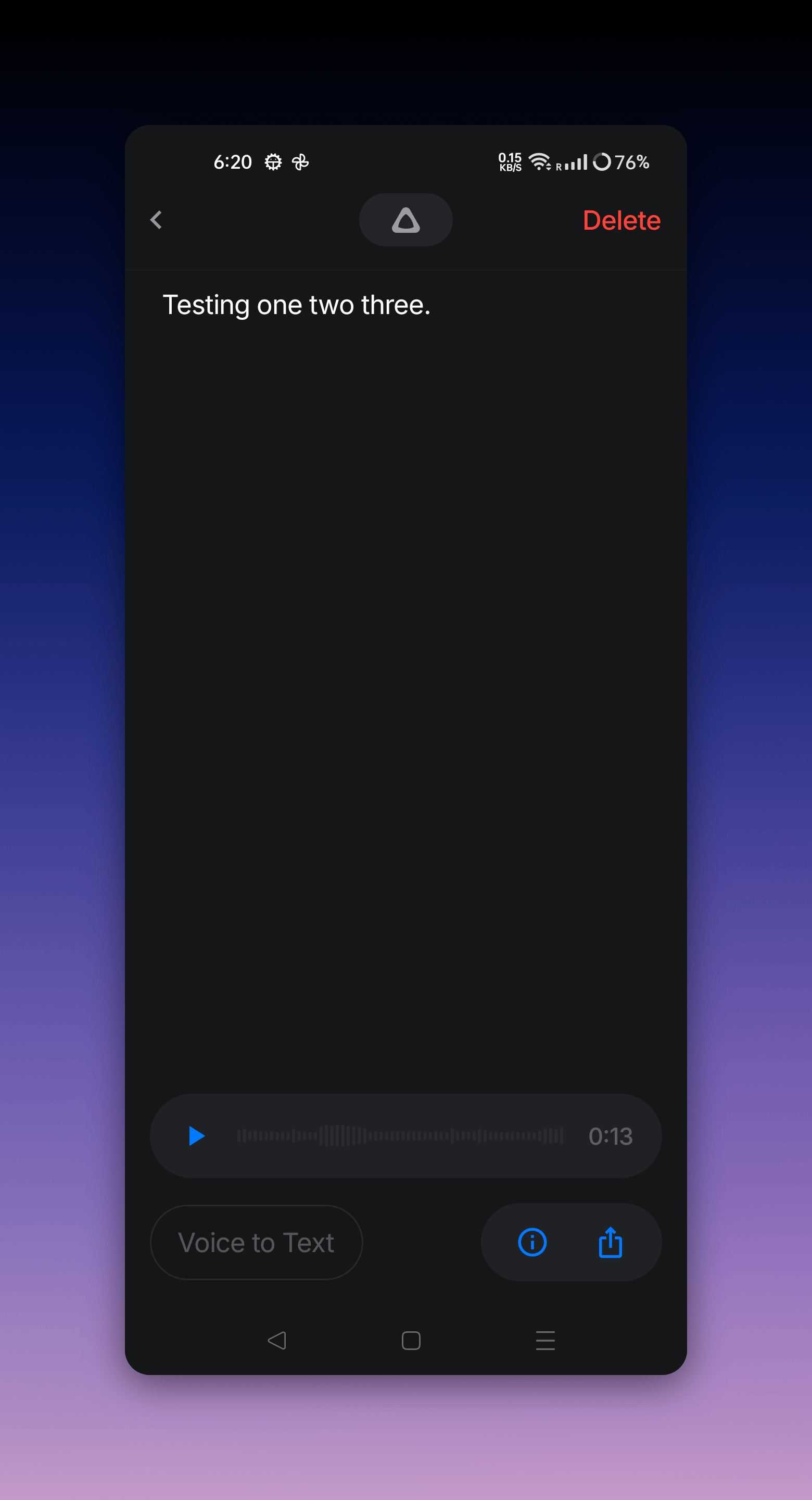 A Superwhisper Android recording with its transcript, audio playback bar, and share button