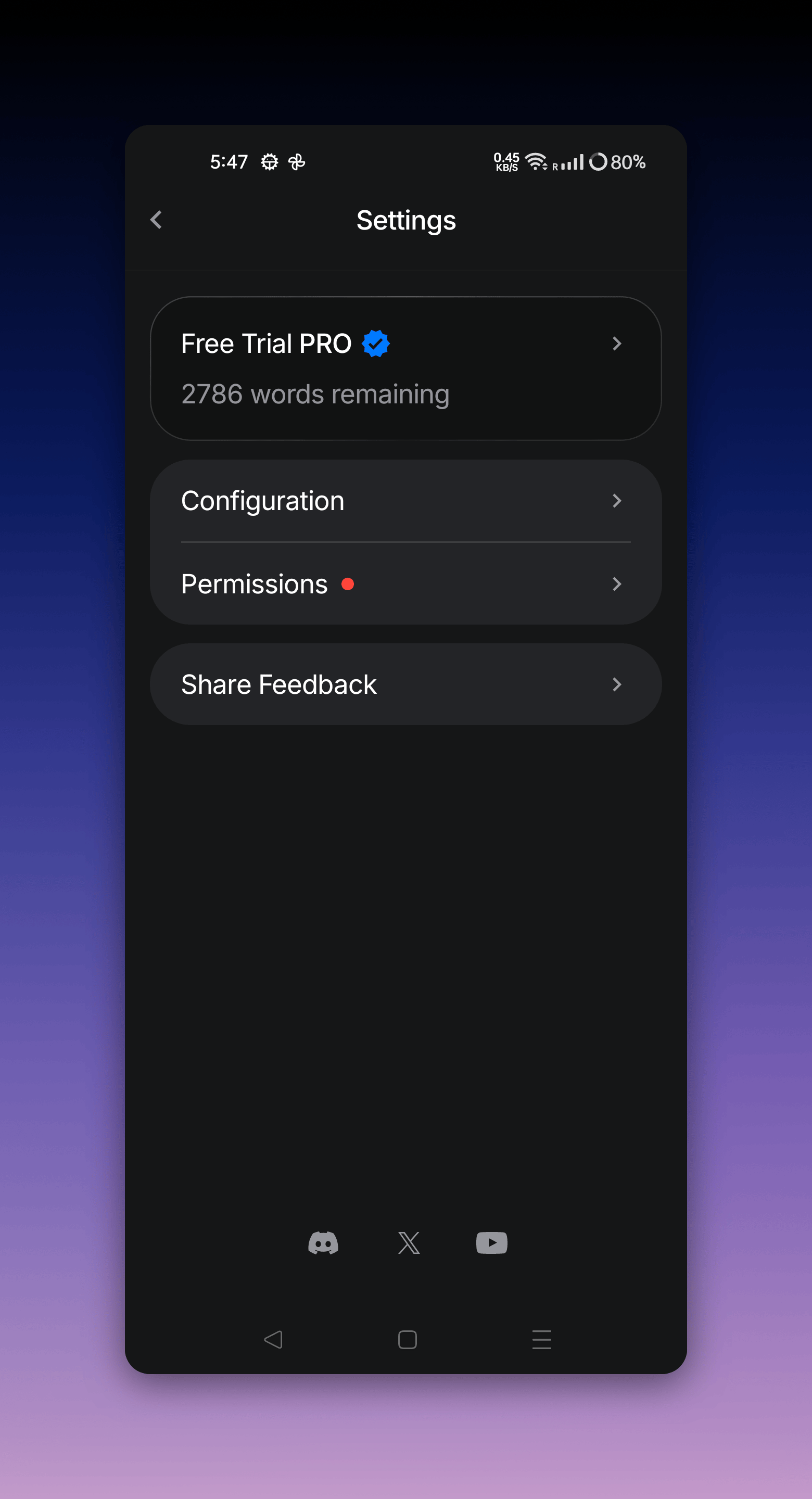 Superwhisper Android settings screen showing the plan card, Configuration, and Permissions