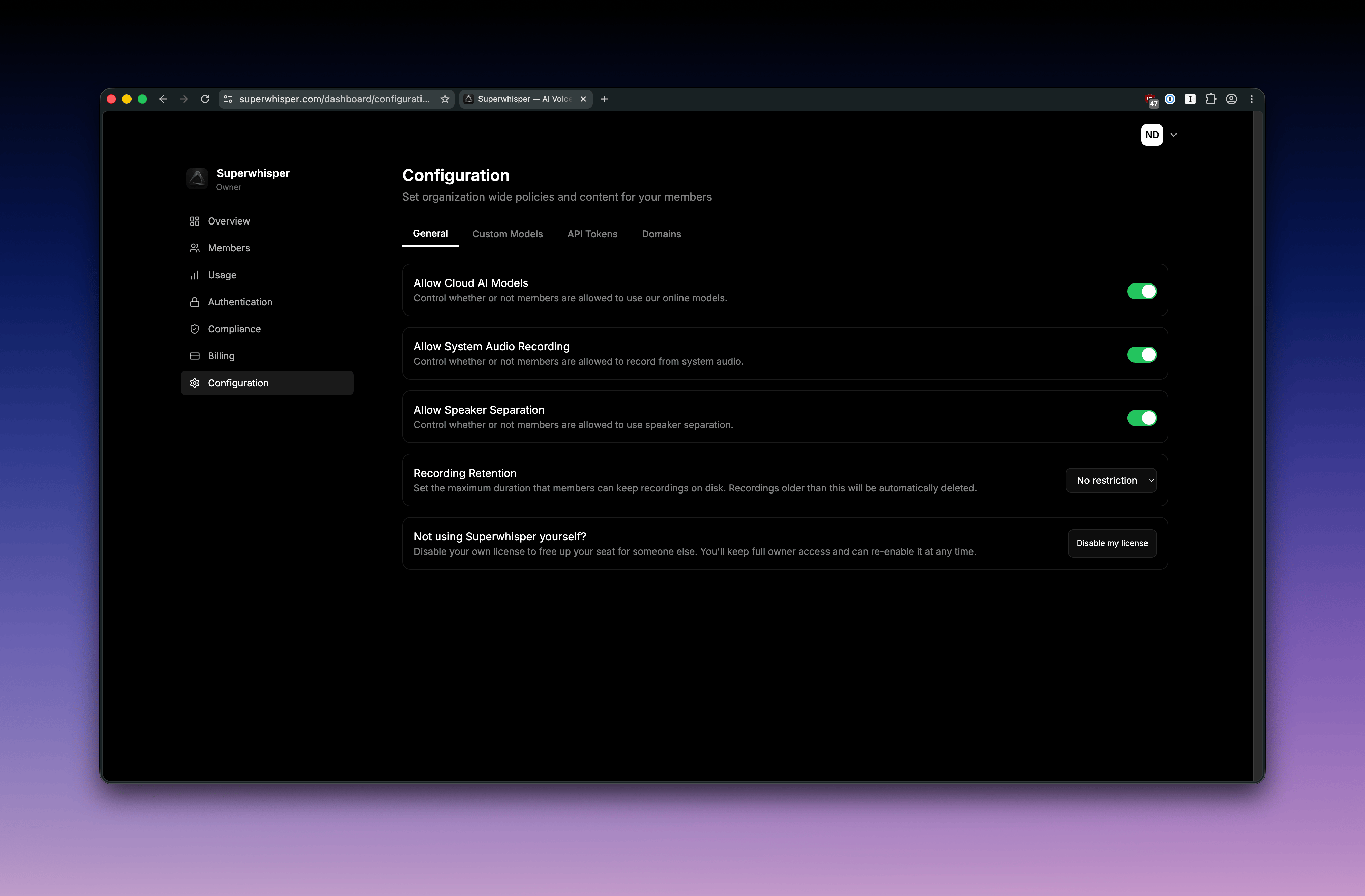 Superwhisper Enterprise Configuration tab showing org-wide policy toggles
