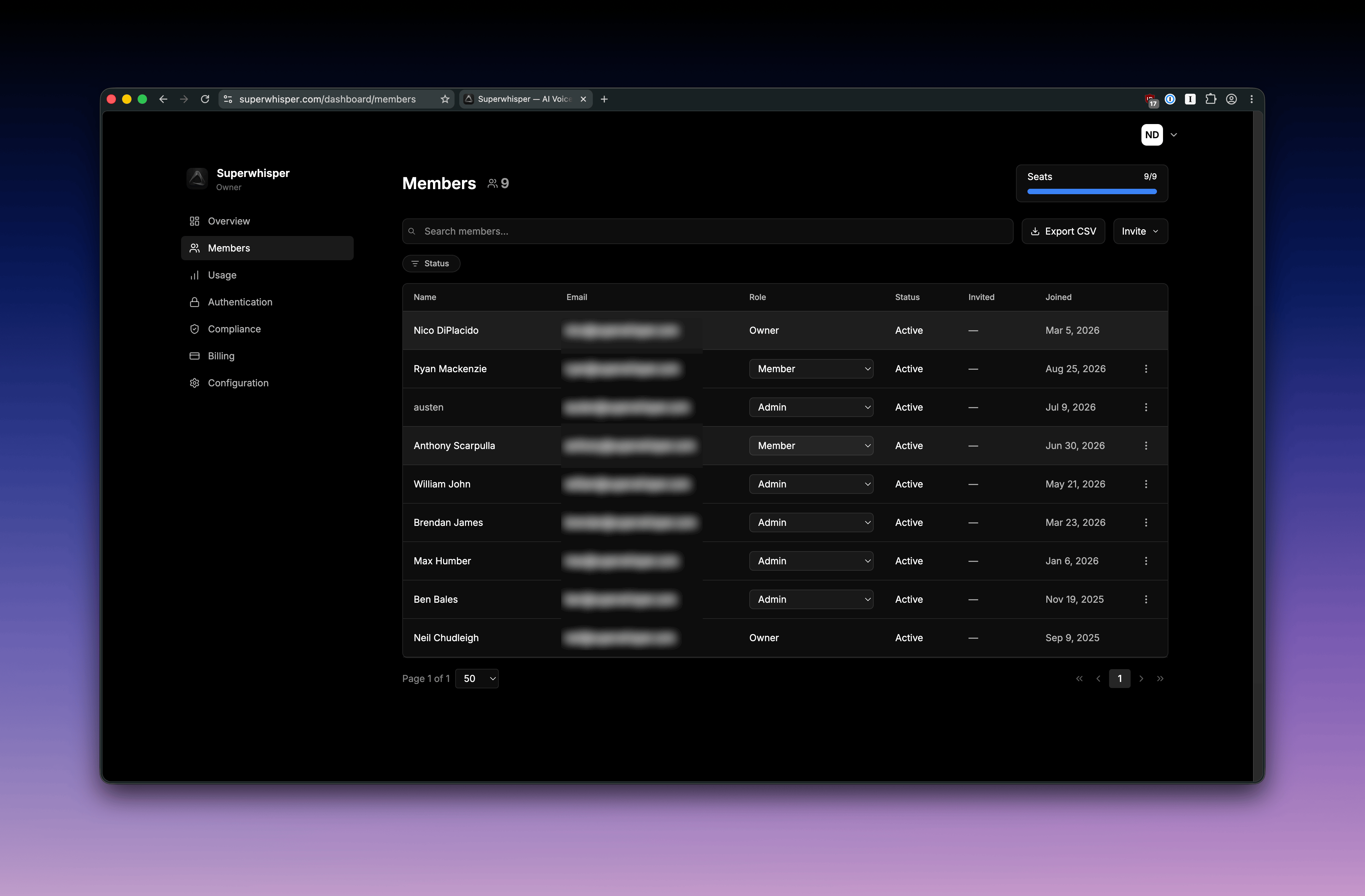 Superwhisper Enterprise Members tab listing members with roles and status