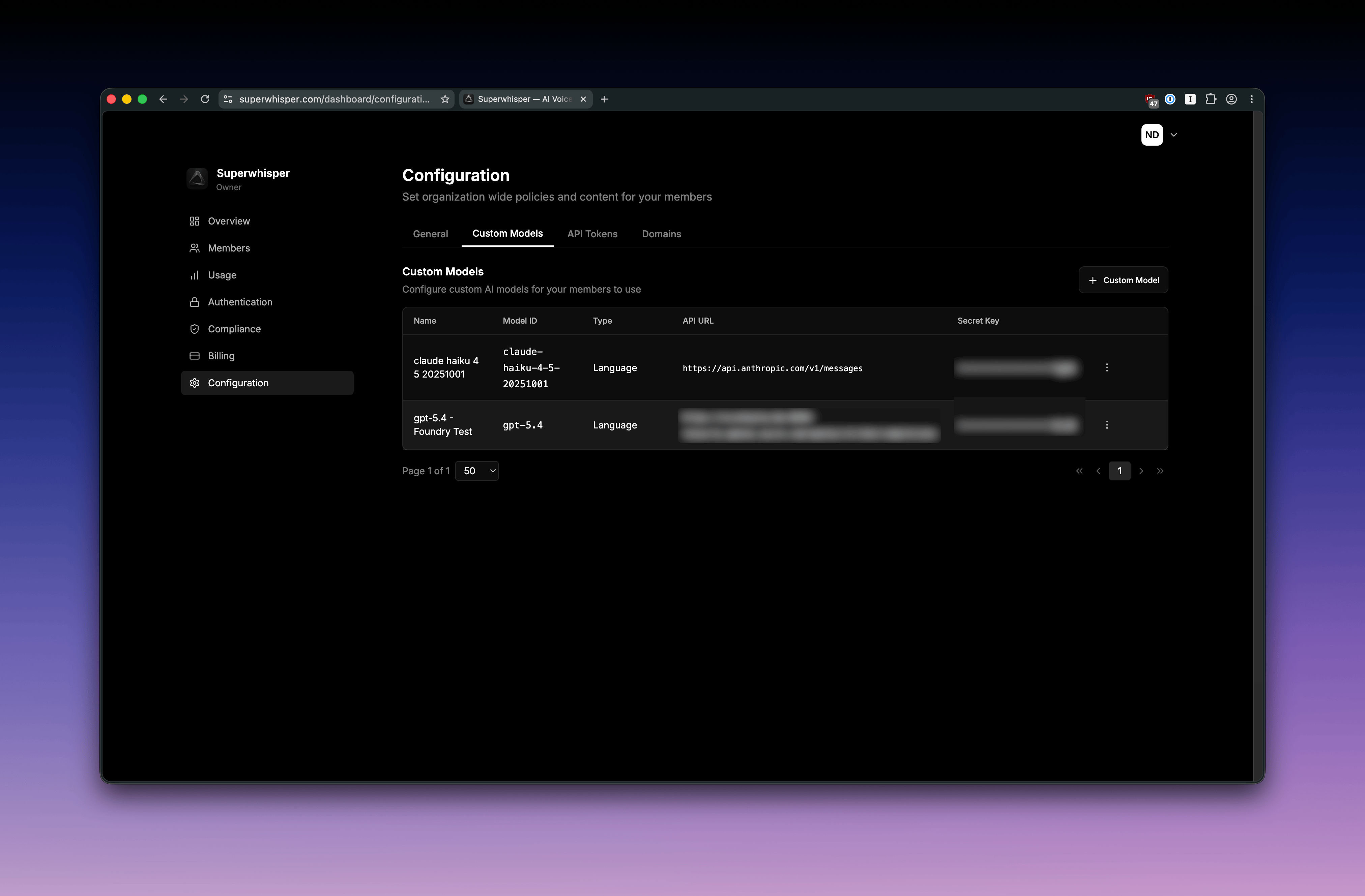 Superwhisper Enterprise custom model form with provider, API key, and endpoint fields