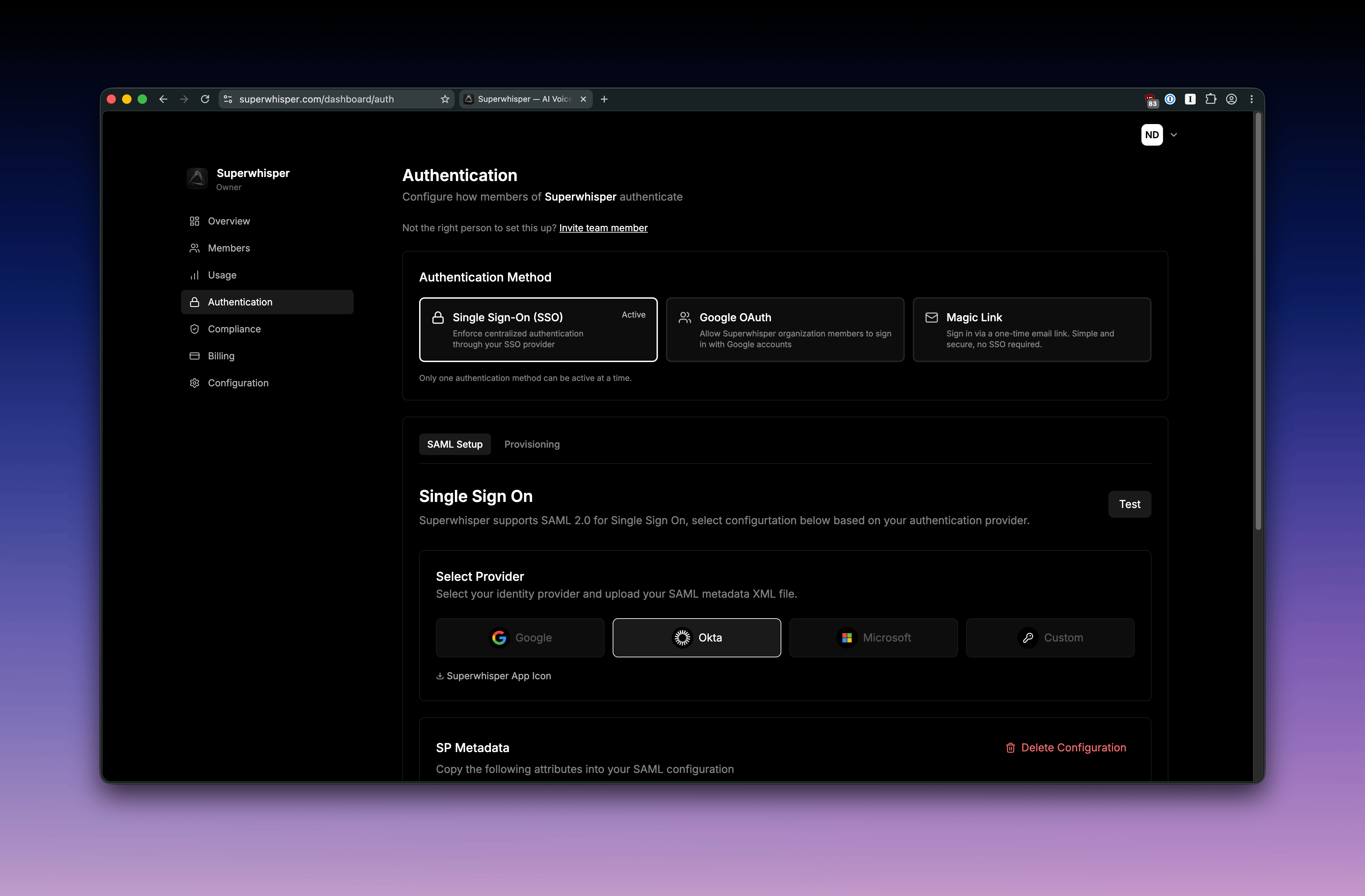 SAML Configuration Interface