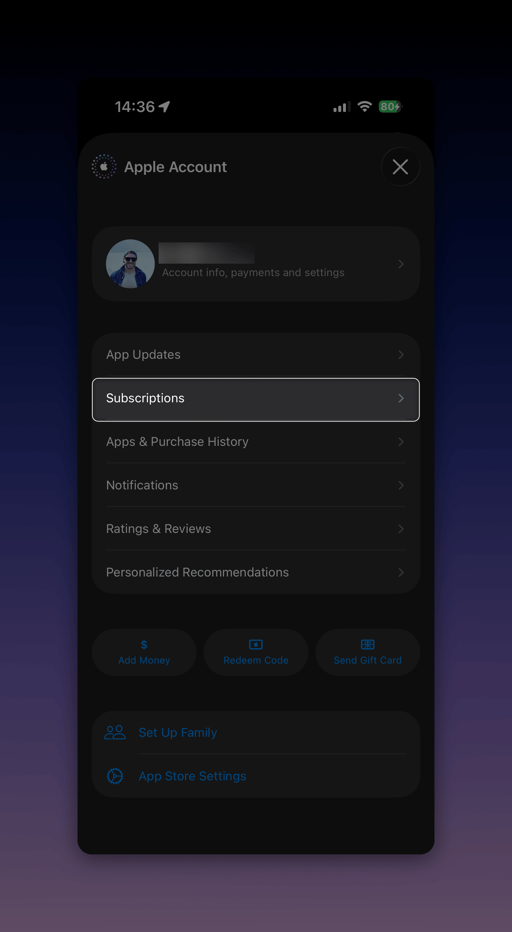 Apple Account sheet on iOS with the Subscriptions entry highlighted