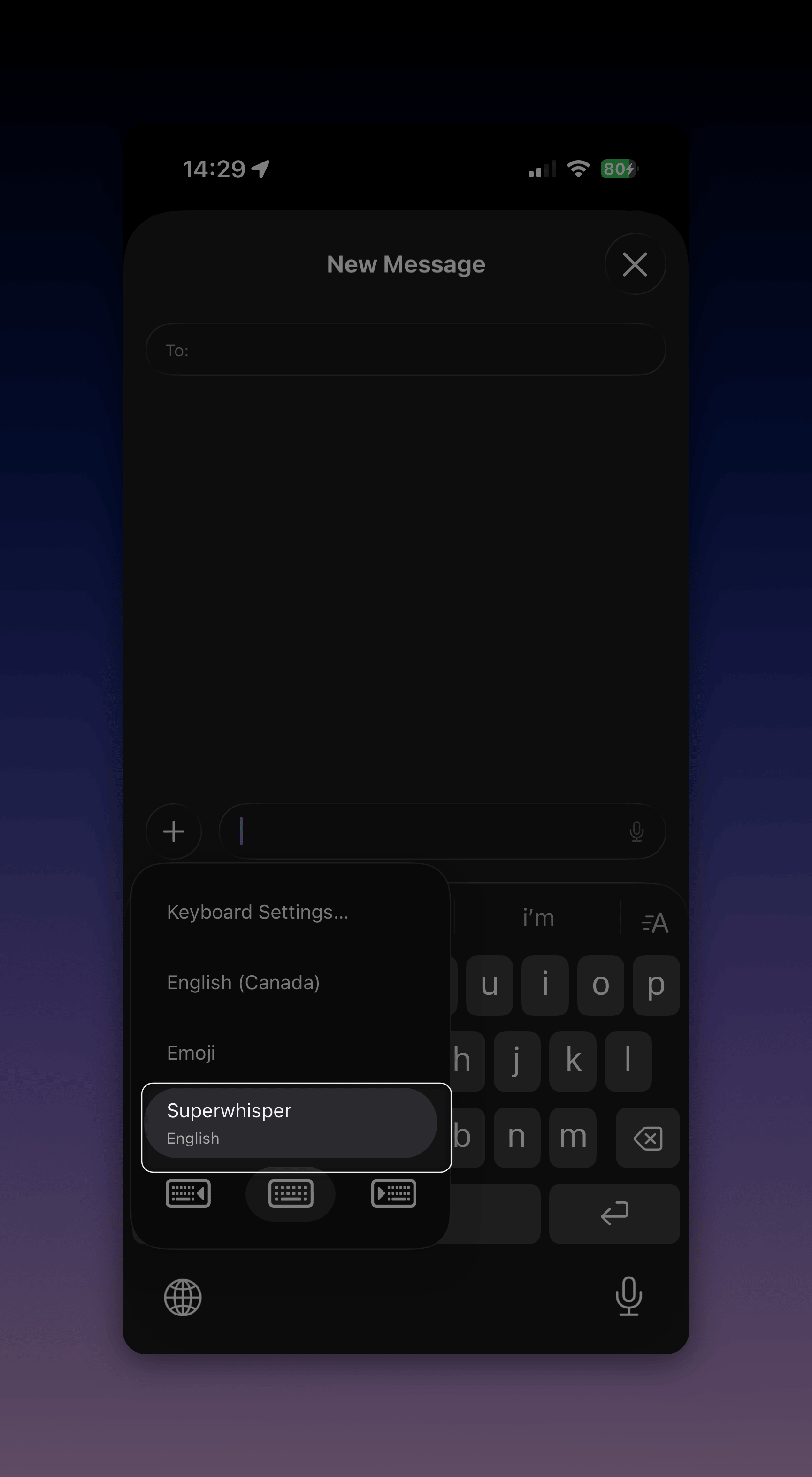 iOS keyboard picker opened from the globe key with Superwhisper listed
