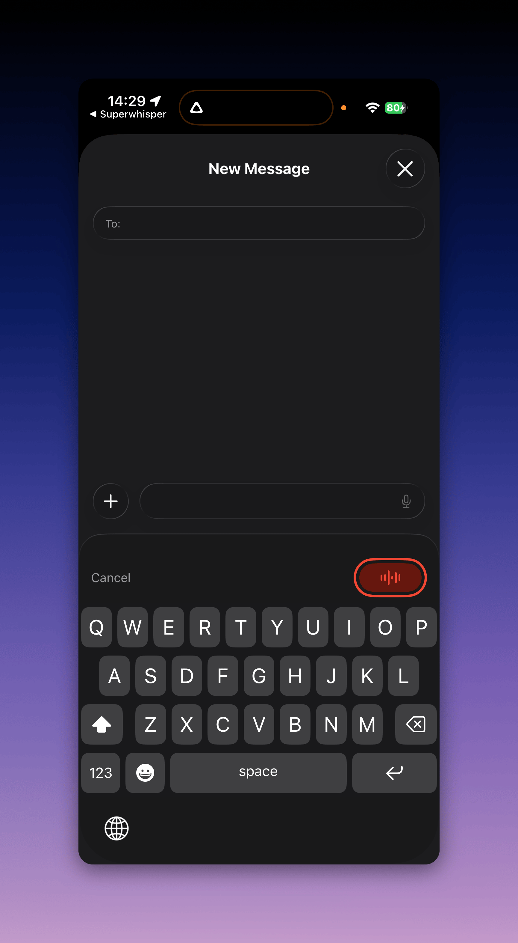 Superwhisper iOS keyboard ready to record inside Messages