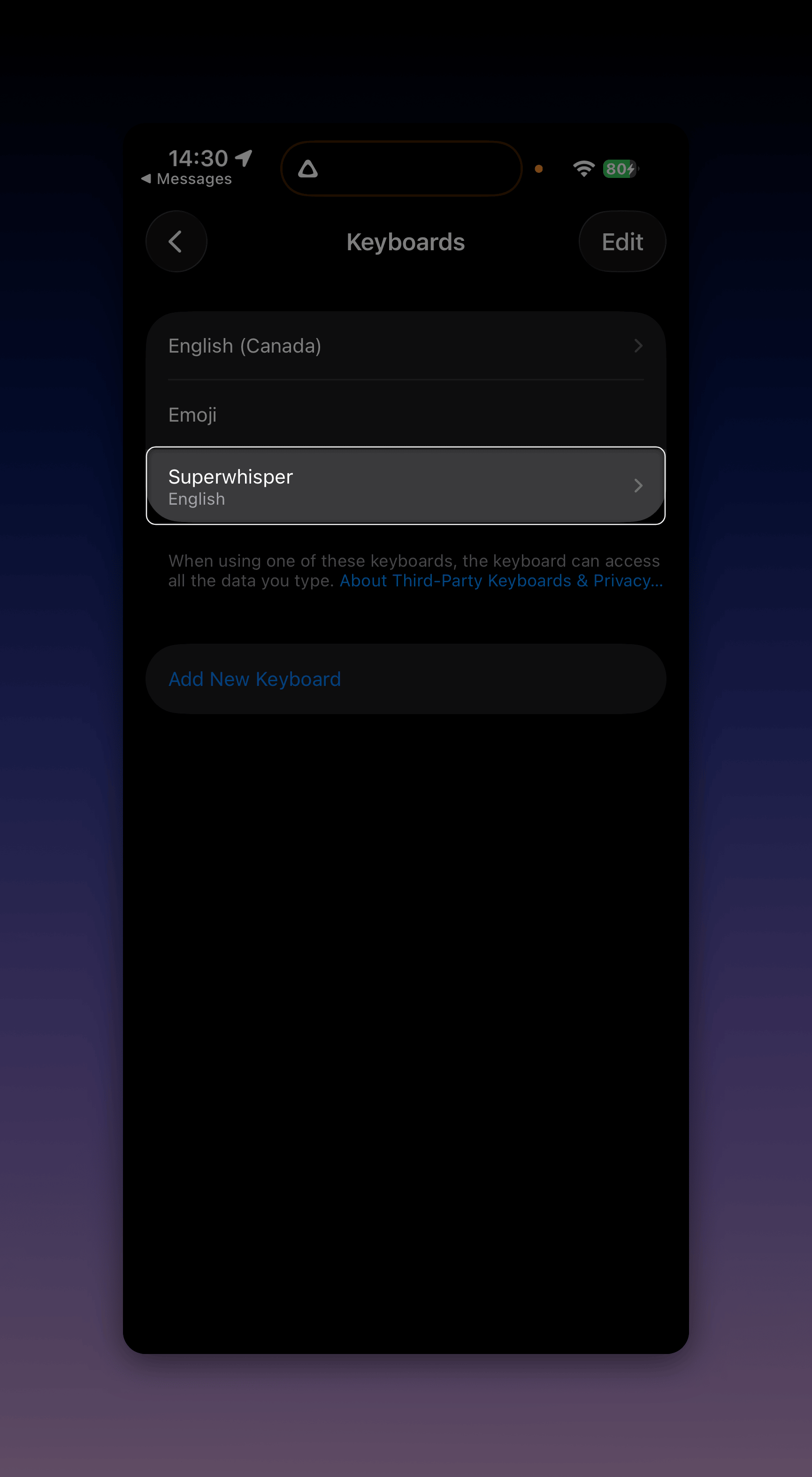 iOS Keyboards settings with the Superwhisper keyboard added
