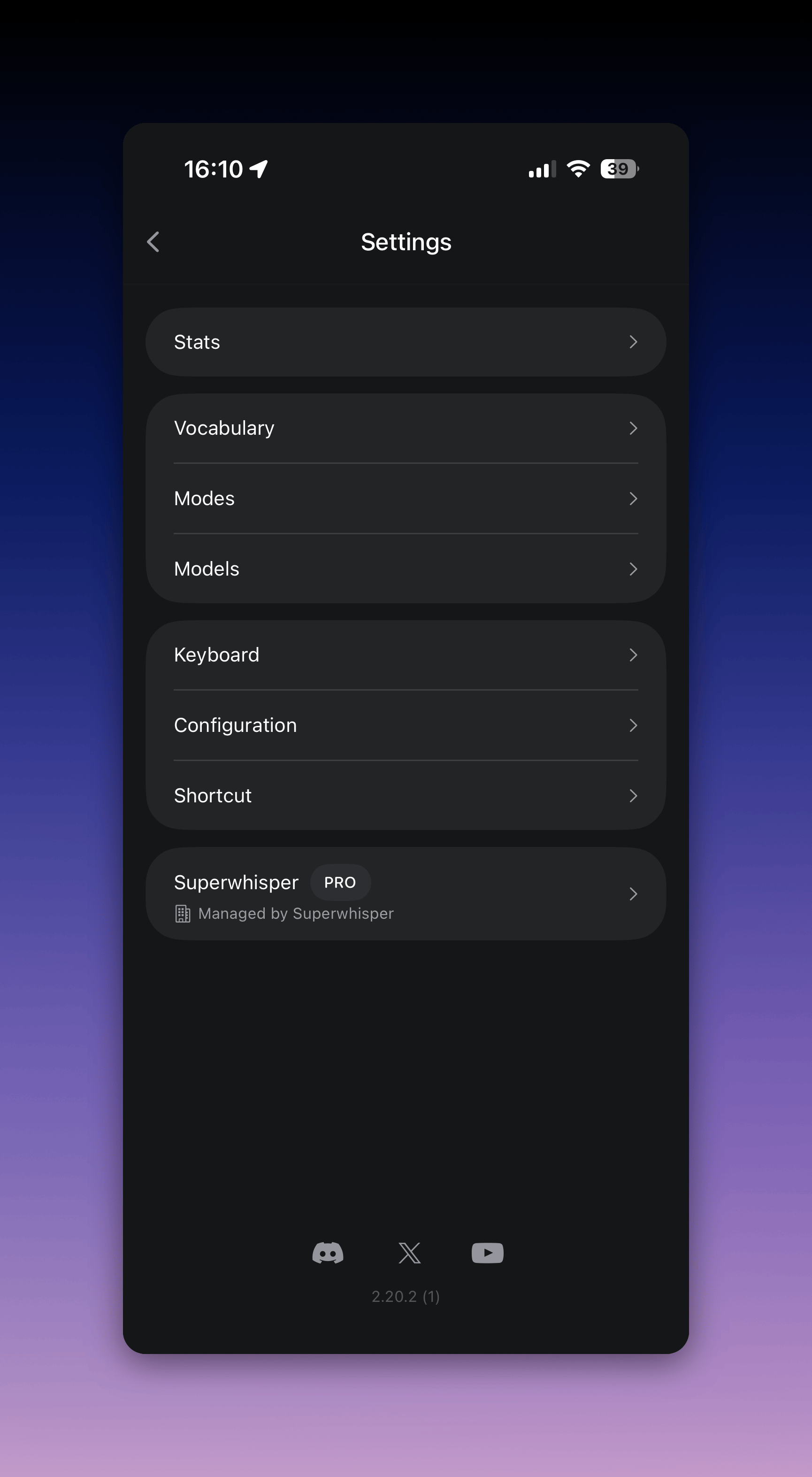 Superwhisper iOS app settings screen